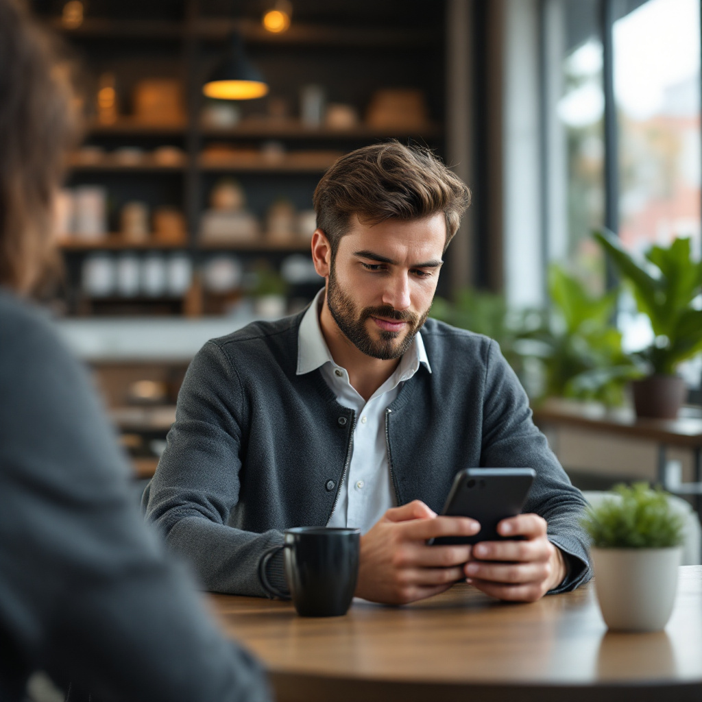Customer watching personalized banking video A bank customer watching a personalized financial advice video on a mobile device while sitting at a café, with the bank branch visible in the background; no text or numbers in image