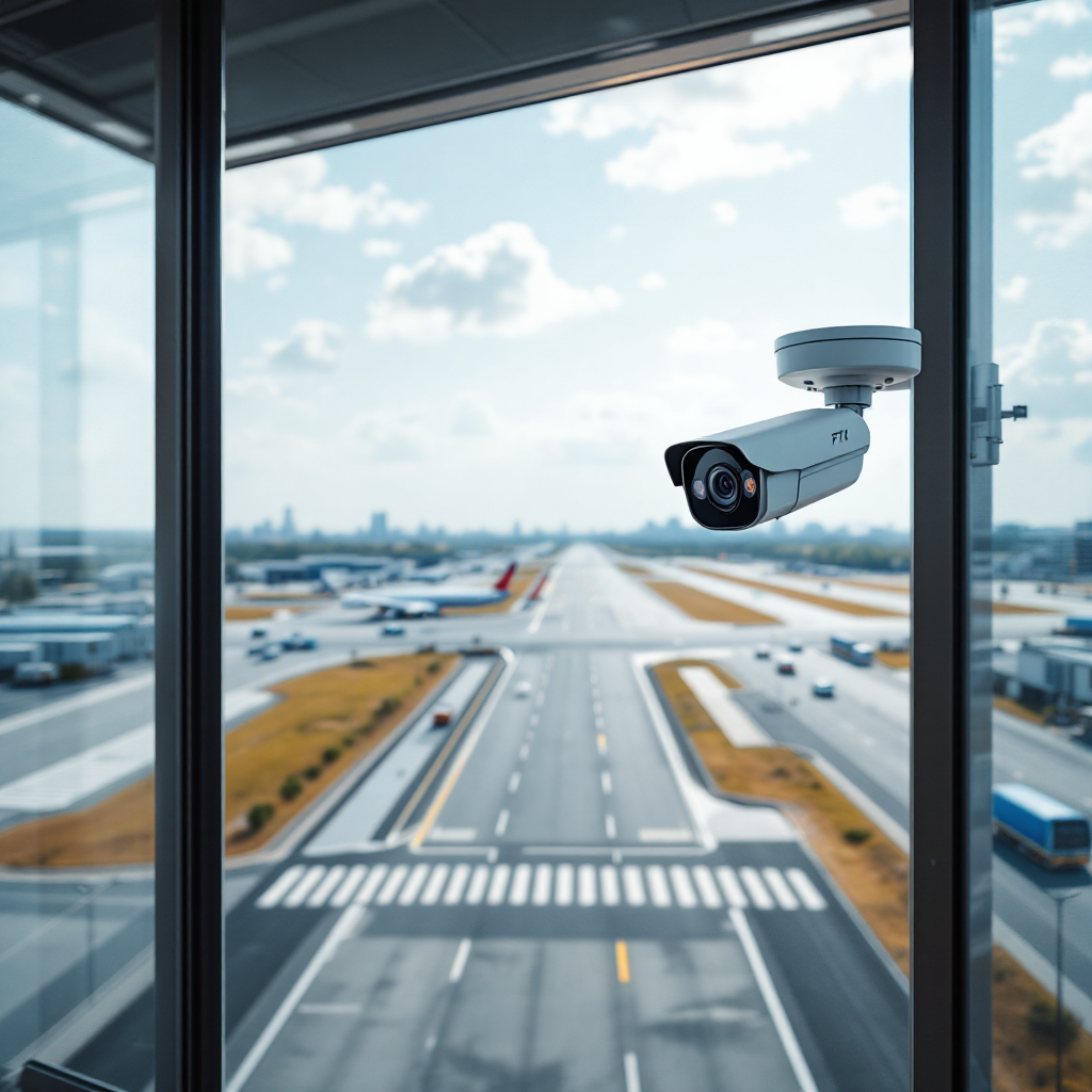 Close-up of an AI camera and a PTZ camera mounted on a pole overlooking an airport service road with a runway in the background, clear daytime scene