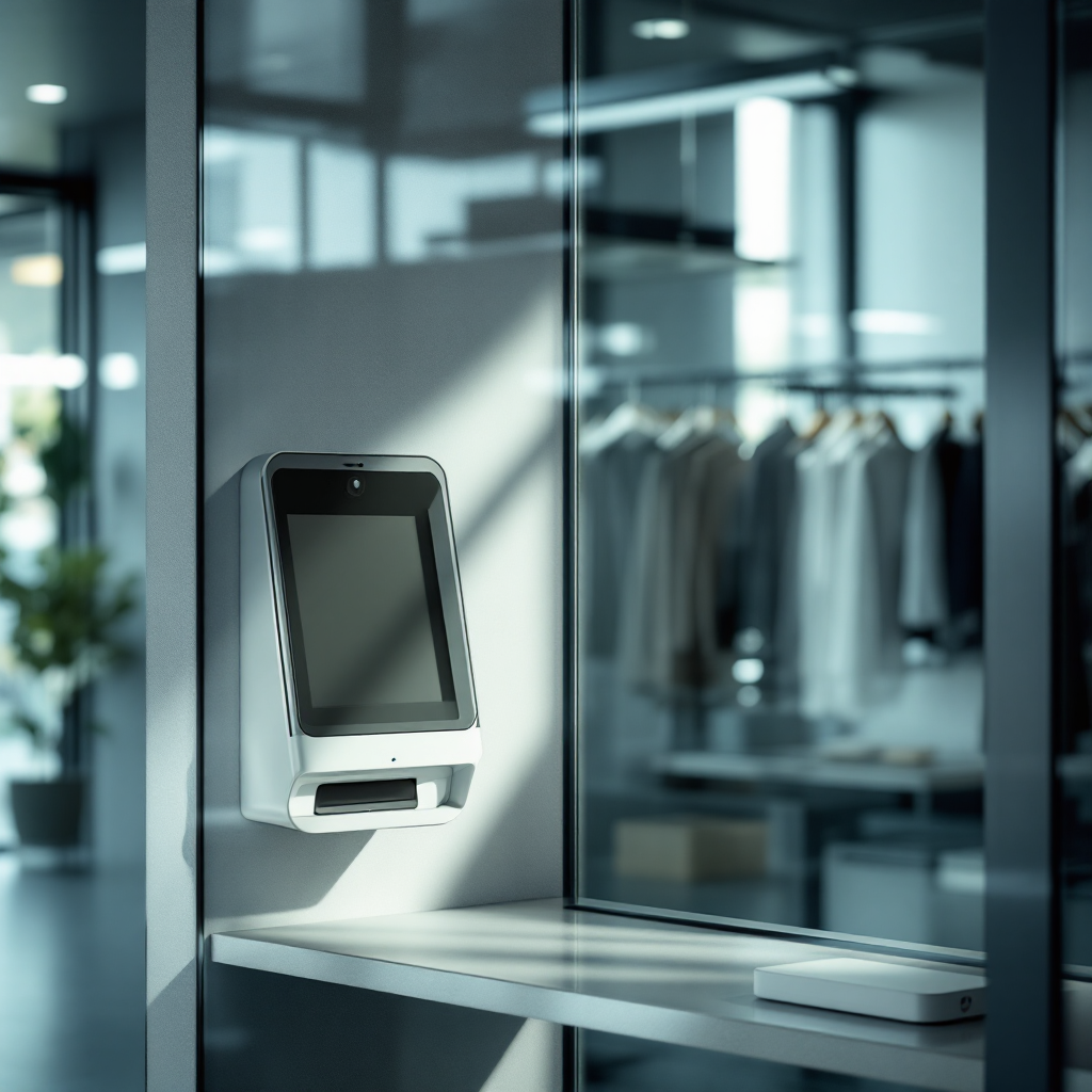 ATM area with AI camera and edge device Close-up of a bank ATM area with a mounted AI camera and edge device on a shelf nearby, clean aesthetic, no people