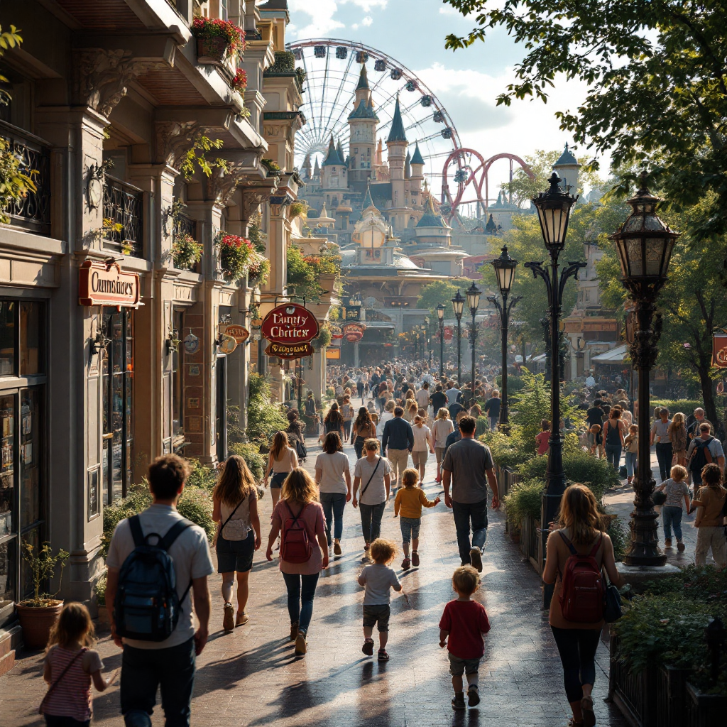 Aerial view of busy theme park walkway A busy theme park main walkway with families and staff, captured from above by cameras; visible signage, greenery, and ride silhouettes, no text or numbers