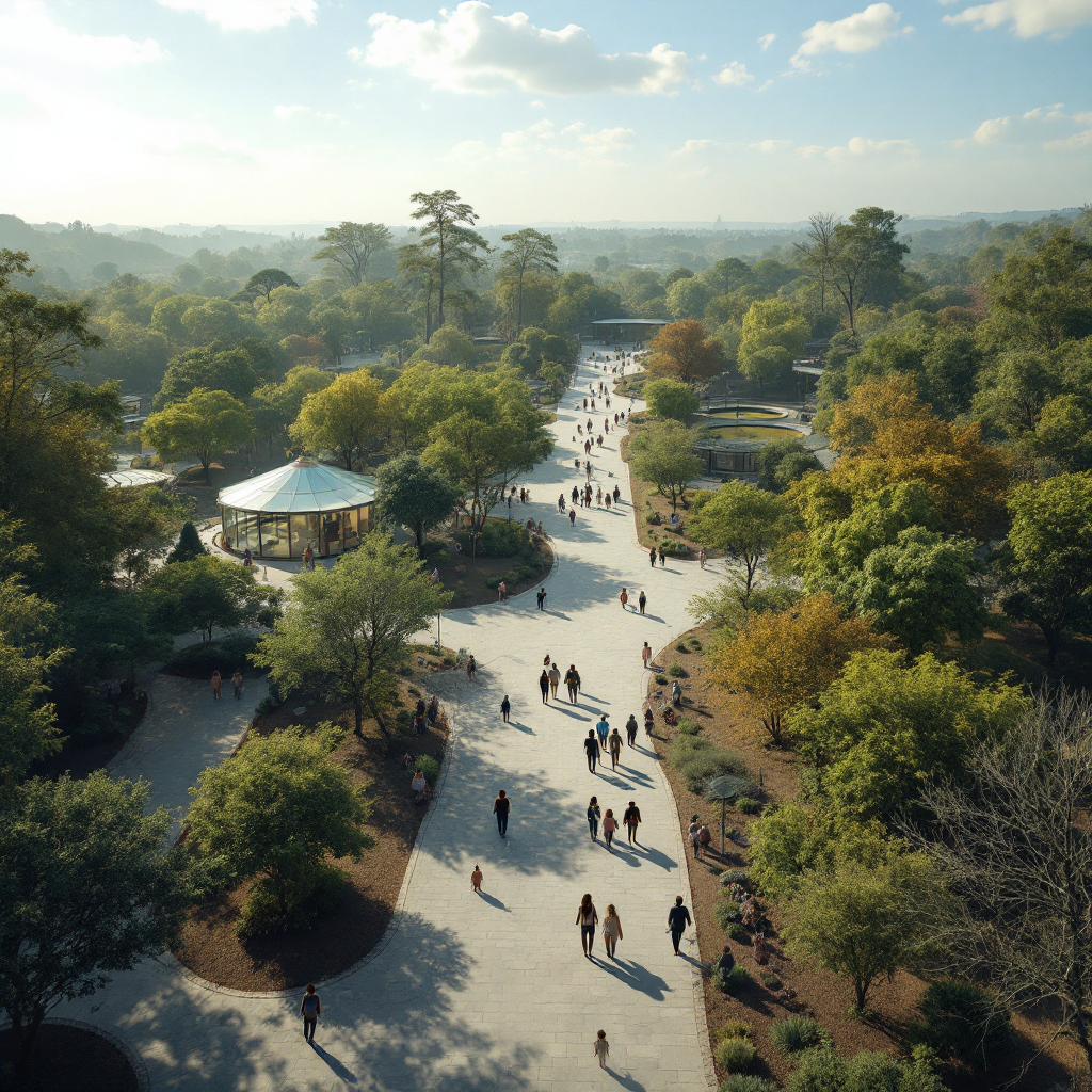 Aerial view of zoo pathways and visitor movement Aerial view of a zoo pathway during the day showing visitors moving along looped and linear paths with trees and enclosures, no text or numbers