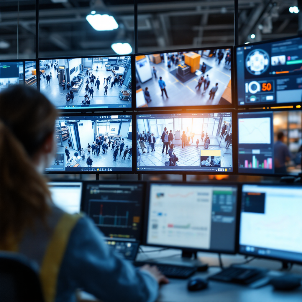 Airport control room with alert dashboard Control room view with multiple screens showing security checkpoint camera feeds, an operator interacting with a dashboard that displays alerts and crowd density maps, no text or numbers