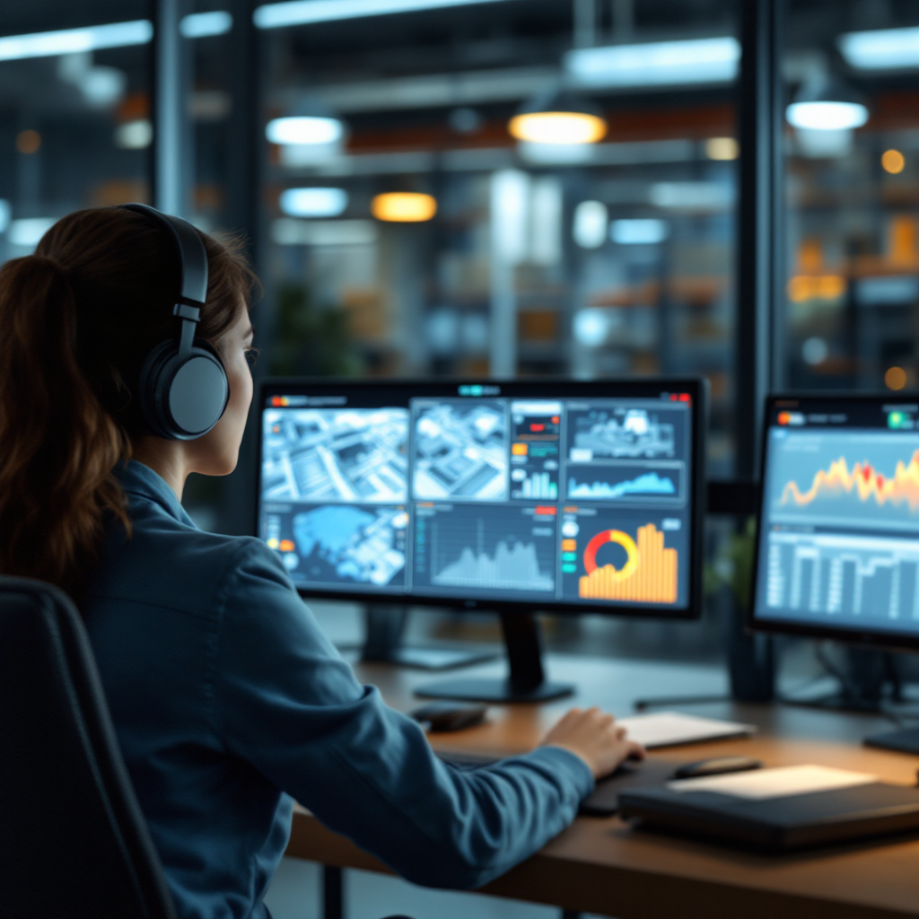 Control room scene showing multiple monitors with camera feeds and dashboard visualisations of occupancy heatmaps, carousel status, and staff alerts. No text or numbers in image.