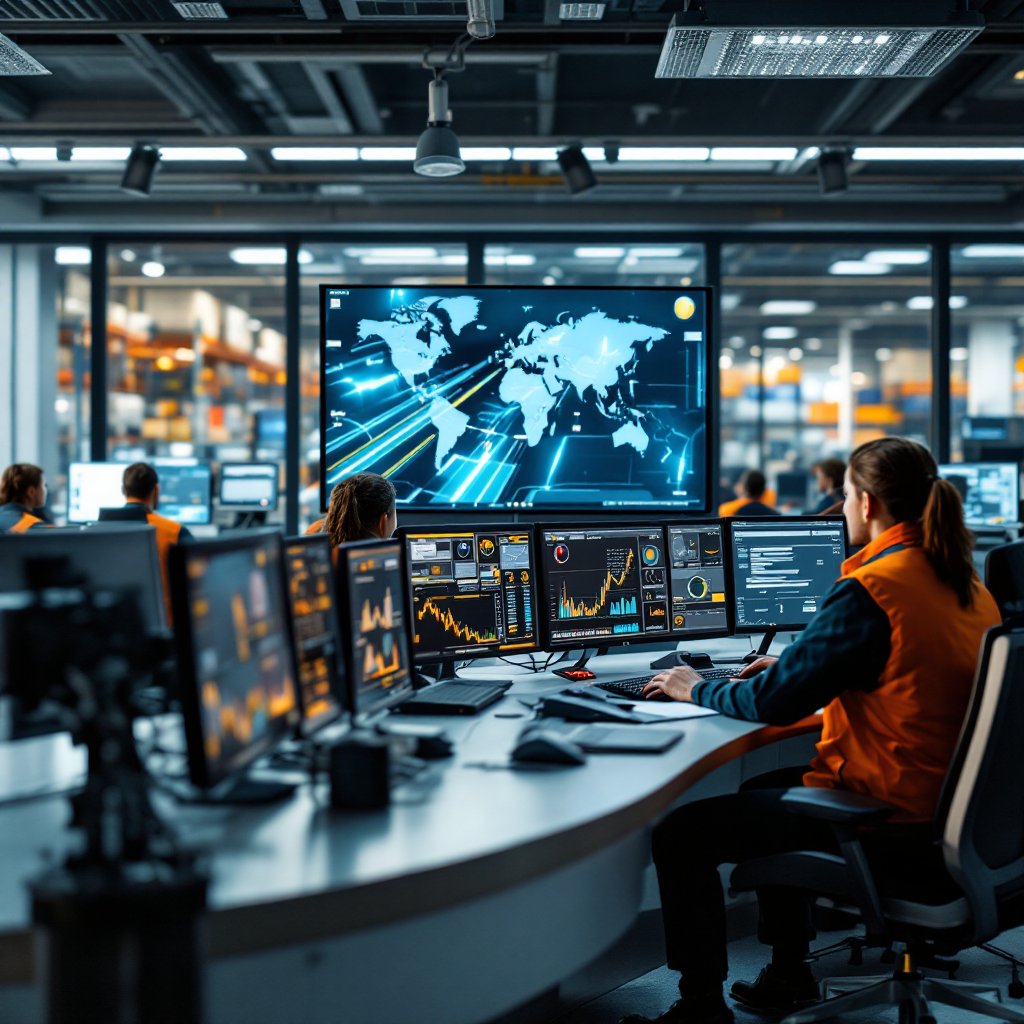An operations control room with screens showing apron camera feeds, charts of turnaround times, and staff at consoles; no text or numbers in image