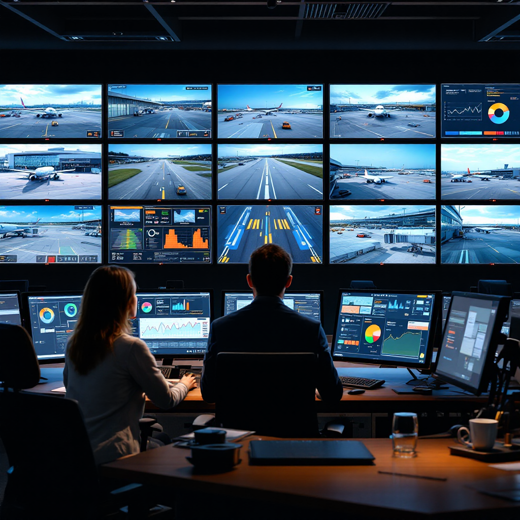 Control room showing large video wall with multiple live feeds of apron, taxiways, and terminal gates, operators monitoring analytics dashboards and alerts (no text or numbers)