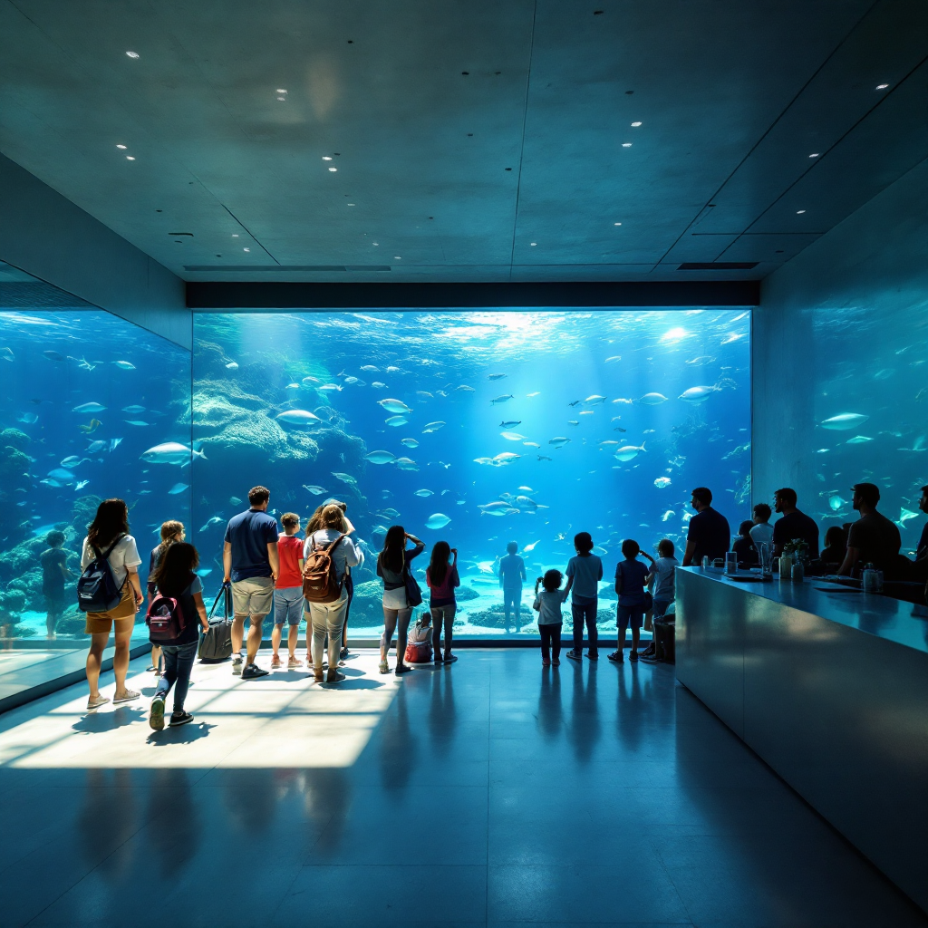 Aquarium underwater viewing window with visitors Interior of an aquarium gallery showing an underwater viewing window with visitors spread out and clear sightlines to marine animals, no text or numbers