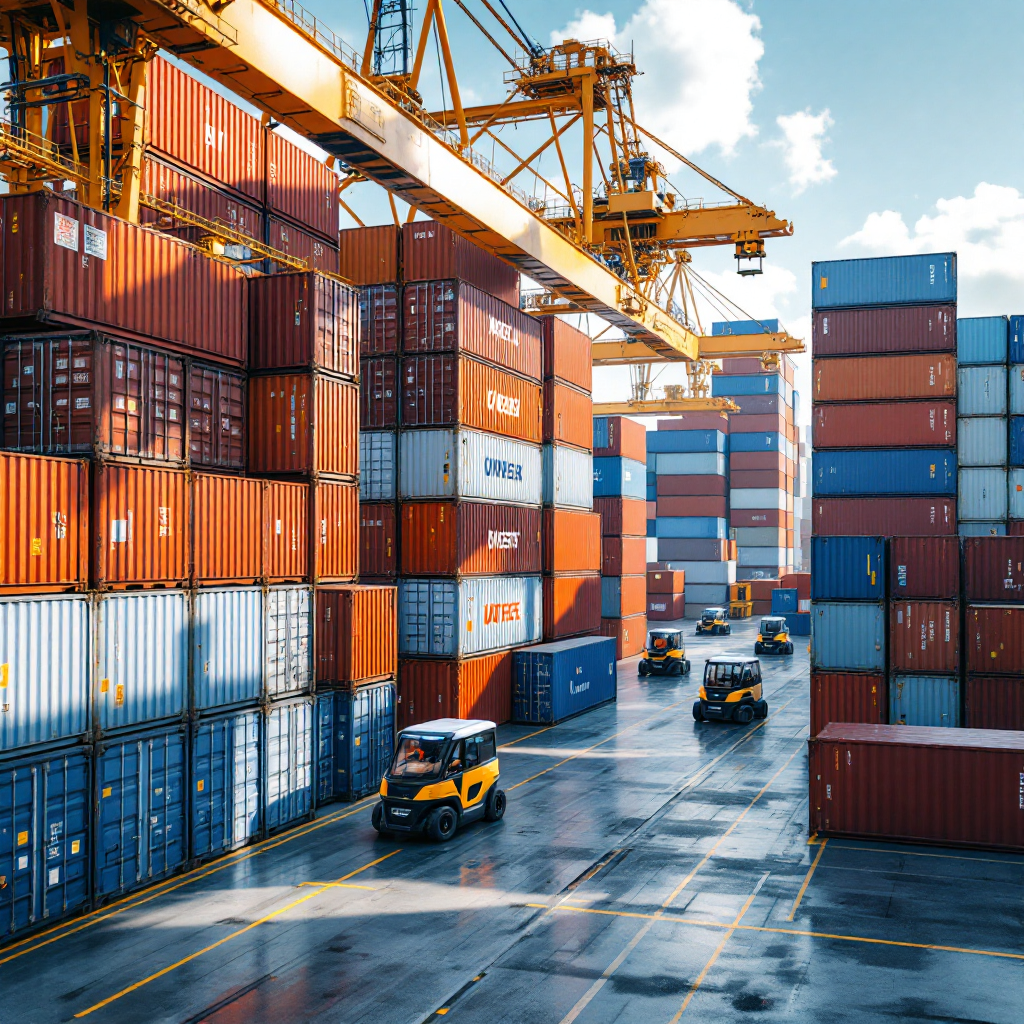 Automated container stacking with AGVs and cranes Automated yard with container stacking cranes and autonomous guided vehicles moving containers between stacks; clear daytime scene, no text