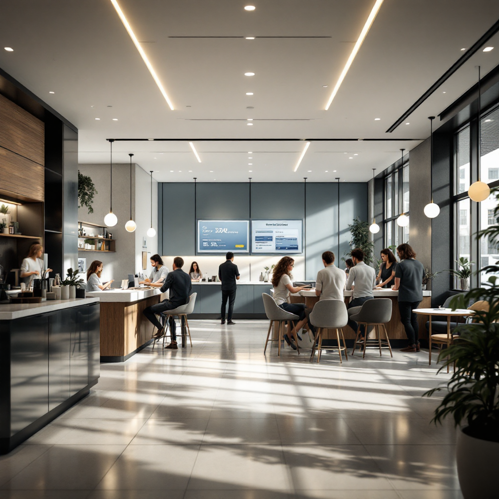 Bank branch interior with customers and staff Bank branch interior showing customers at counters, a waiting area, and staff interacting; clear view of spatial layout and people flow, natural lighting, no text or numbers