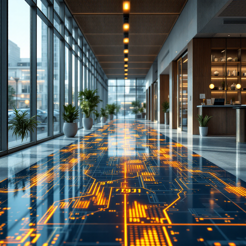 Close-up of a bank branch lobby with AI heat map overlay on the floor showing foot traffic patterns, no text or numbers