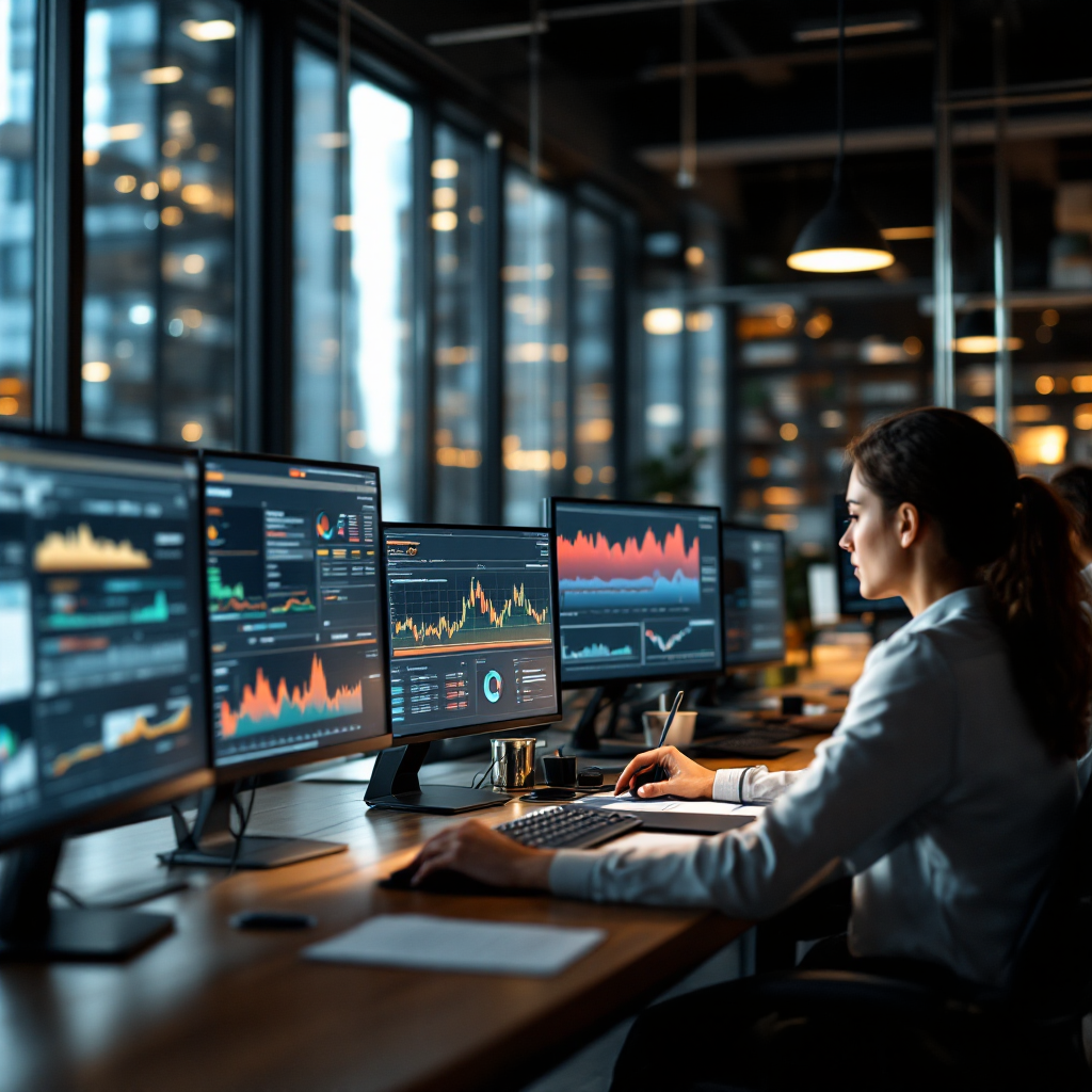 Bank operations team monitoring fraud alerts A modern bank operations room with multiple monitors displaying transaction heatmaps, alert dashboards, and a team of analysts collaborating; daytime lighting, professional setting, no text or numbers in image