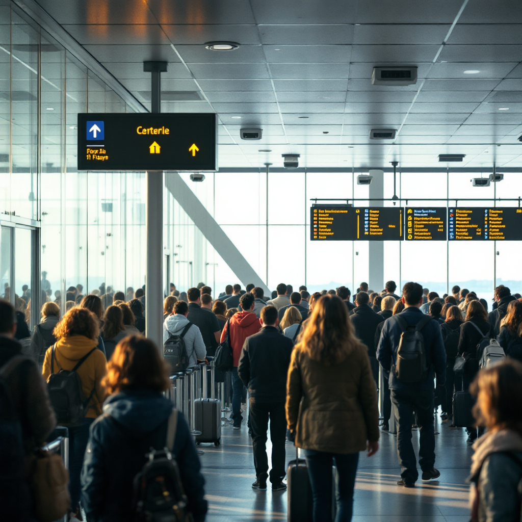Passengers at a boarding gate with visible crowd flows, queue formation, signage, and ceiling-mounted CCTV cameras observing the scene, no text or logos