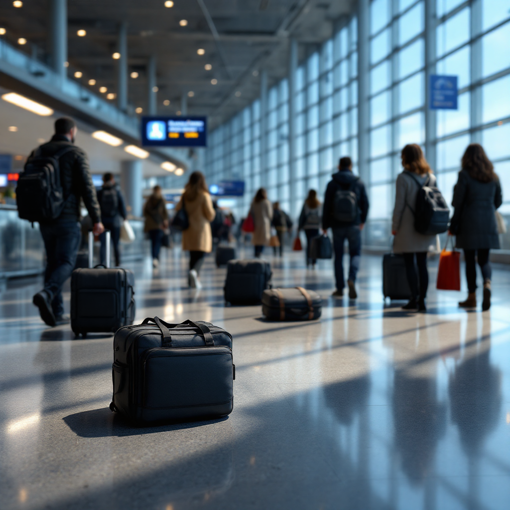 A busy airport concourse with passengers and several highlighted bags on the floor showing multi-camera tracking overlays, realistic style, no text or numbers