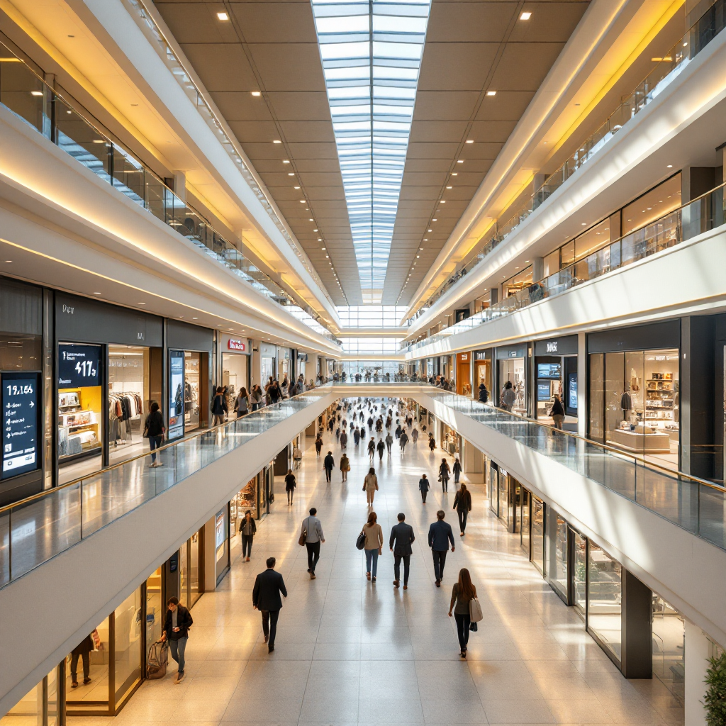 Busy multi-level shopping mall interior Wide interior shot of a modern multi-level shopping mall with people walking, clear visible entrances, retail storefronts, and digital screens showing directions, no text or numbers