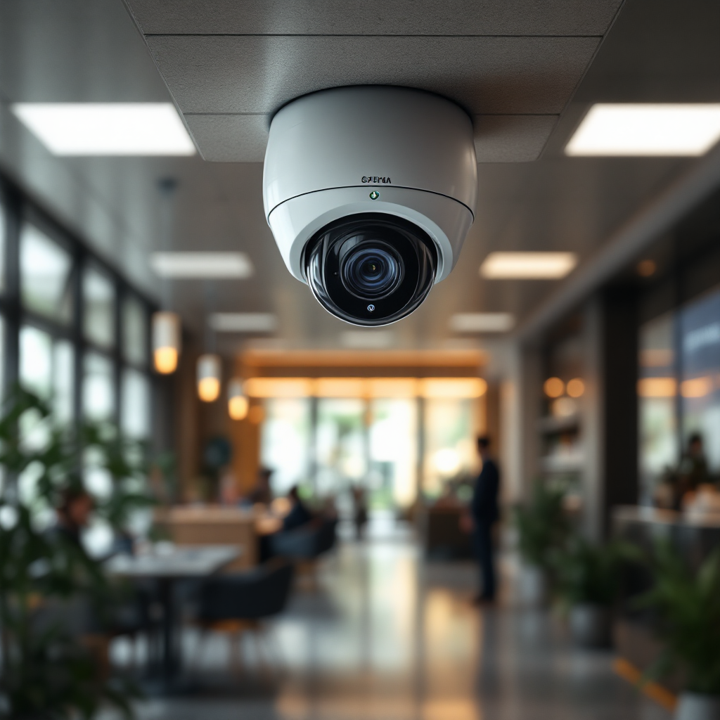 CCTV camera in bank lobby Close-up of a camera discreetly installed in a bank ceiling watching a lobby area; shows sensor hardware and LED indicators, no people close-up, no text