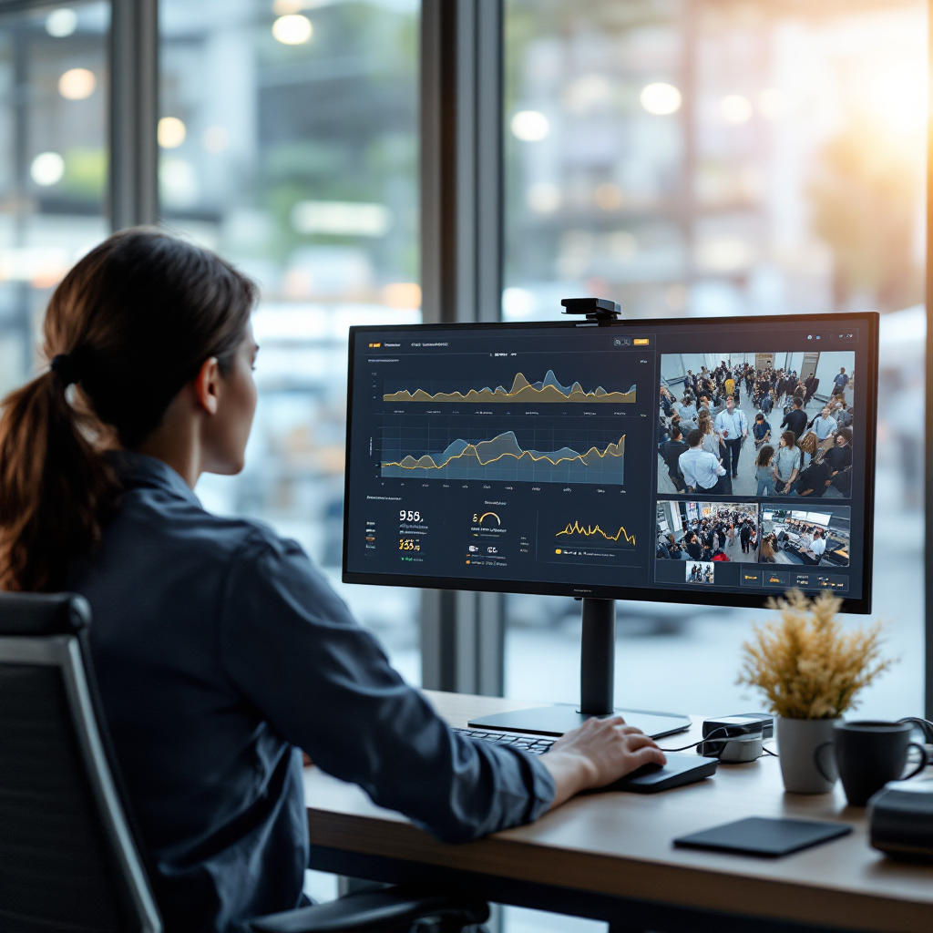 Security operator at a console viewing analytics overlays on station video with icons indicating crowd density and flagged events, no text or numbers