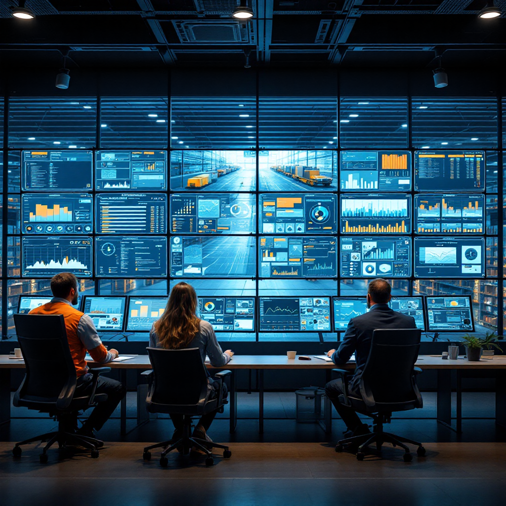 Controlekamer met dashboards die laad- en magazijnactiviteiten bewaken Controlekamer met dashboards die laad- en magazijnactiviteiten bewaken