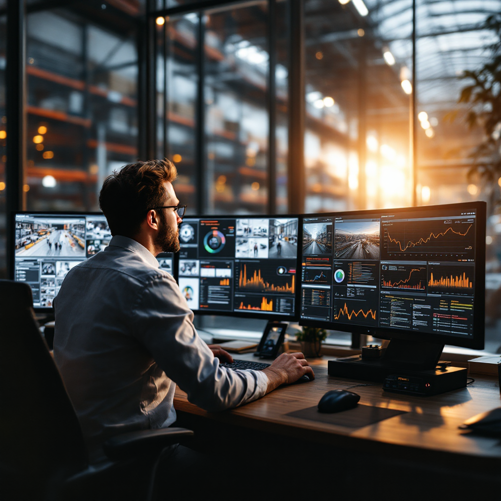 Control room monitoring multiple camera streams and dashboards Control room operator at a workstation viewing multiple camera streams and dashboard panels that show incident alerts and analytics graphs (no text or numbers in image)
