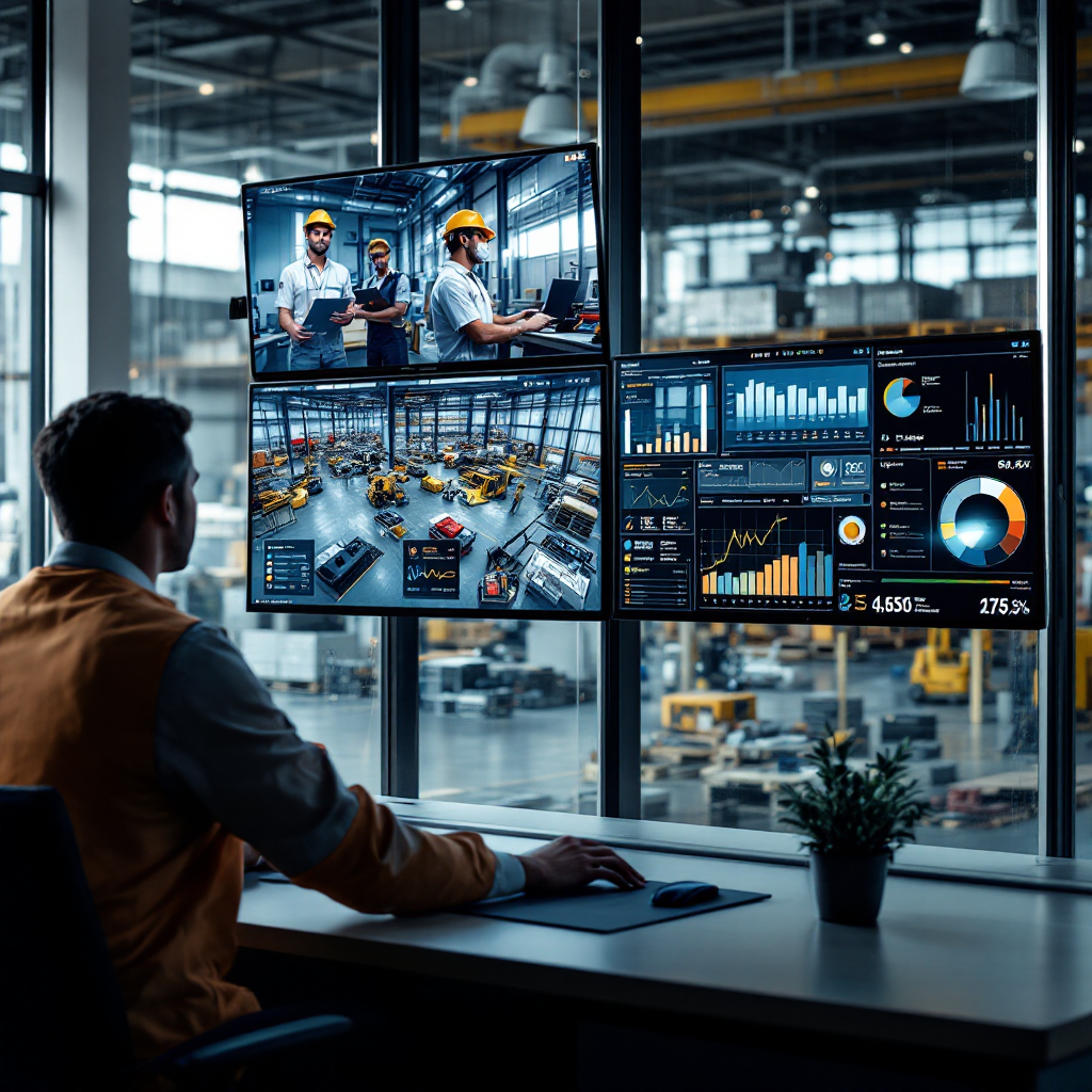 Control room monitors showing PPE alerts Control room with multiple CCTV monitors showing maintenance areas and a dashboard overlay indicating PPE compliance alerts, modern interface, no text