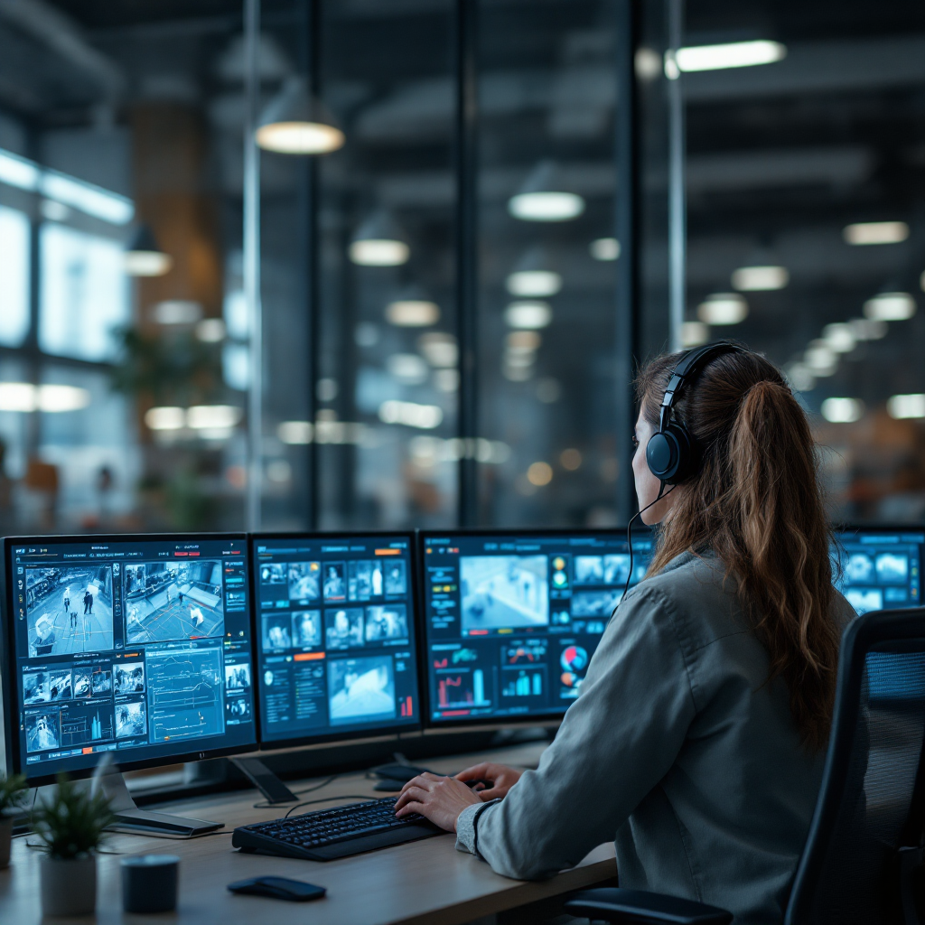 Control room with AI overlays Mall security control room operator monitoring multiple camera feeds with data overlays showing bounding boxes and alerts, modern technology setting, realistic lighting, no text