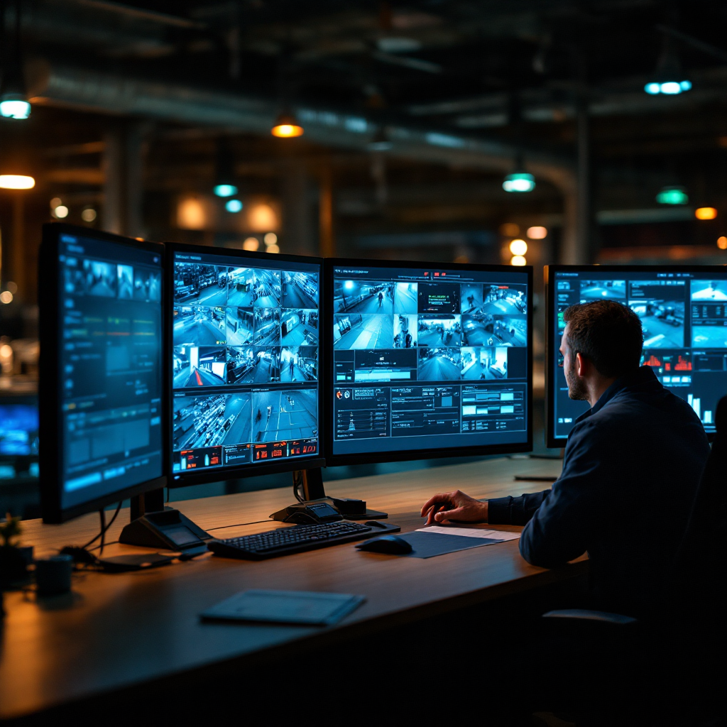 Control room with CCTV, PTZ tracking and analytics Night view of a control room with large monitors showing multiple camera feeds, PTZ tracking on a live feed, and a technician acknowledging an alarm on a touchscreen (no text or numbers)