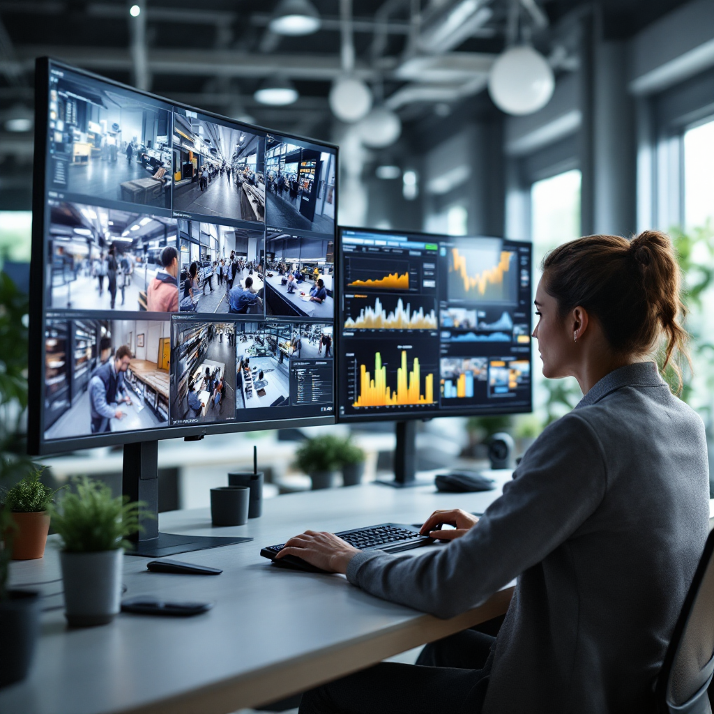 Control room desk with multiple video cameras on screens showing various ticket hall views and analytics overlays such as heatmaps and counts, modern office lighting, no text