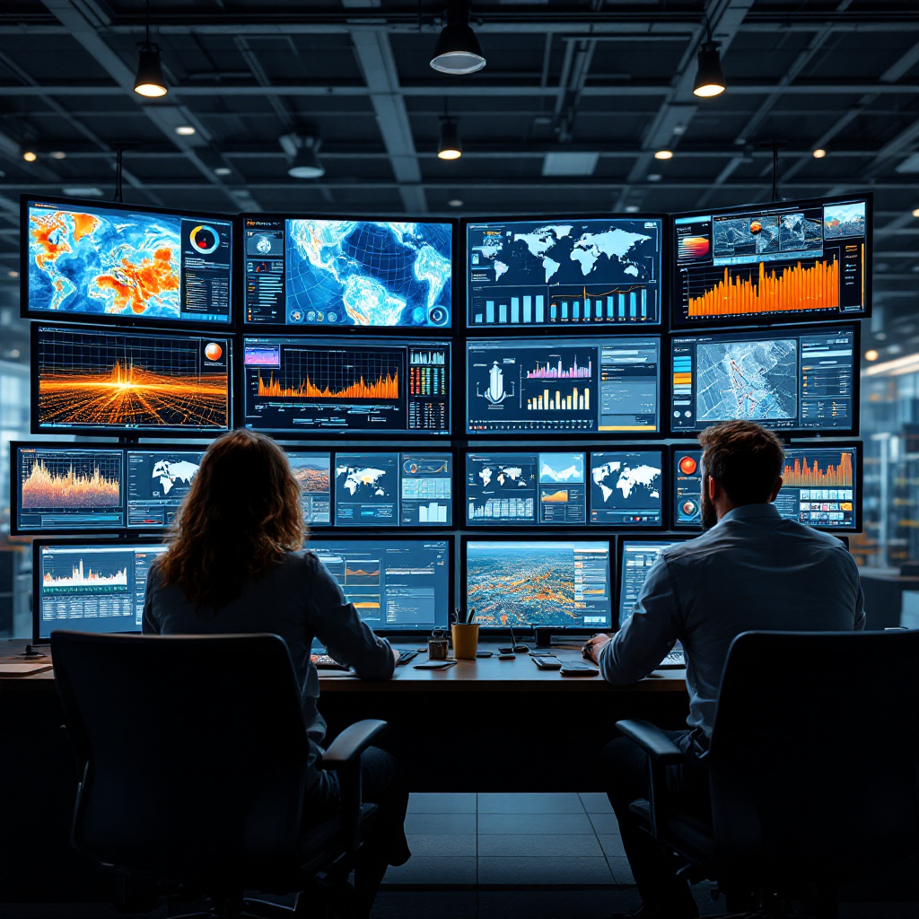 Control room view with multiple monitors showing heat maps and camera feeds, operators watching dashboards with alerts and graphs, modern UI, no text or numbers