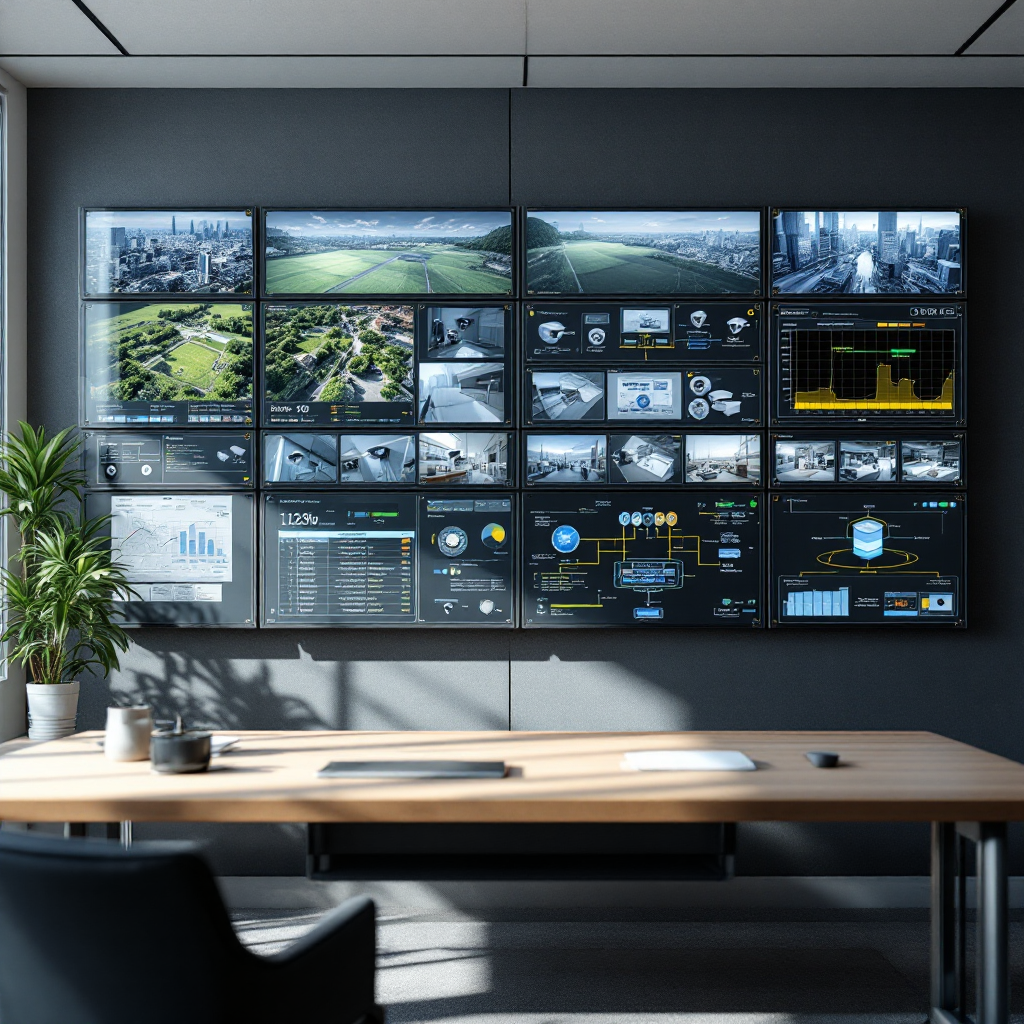 An operations control room wall with multiple high-resolution camera feeds, status tiles, and a network diagram showing scalable edge and server nodes, no text in image