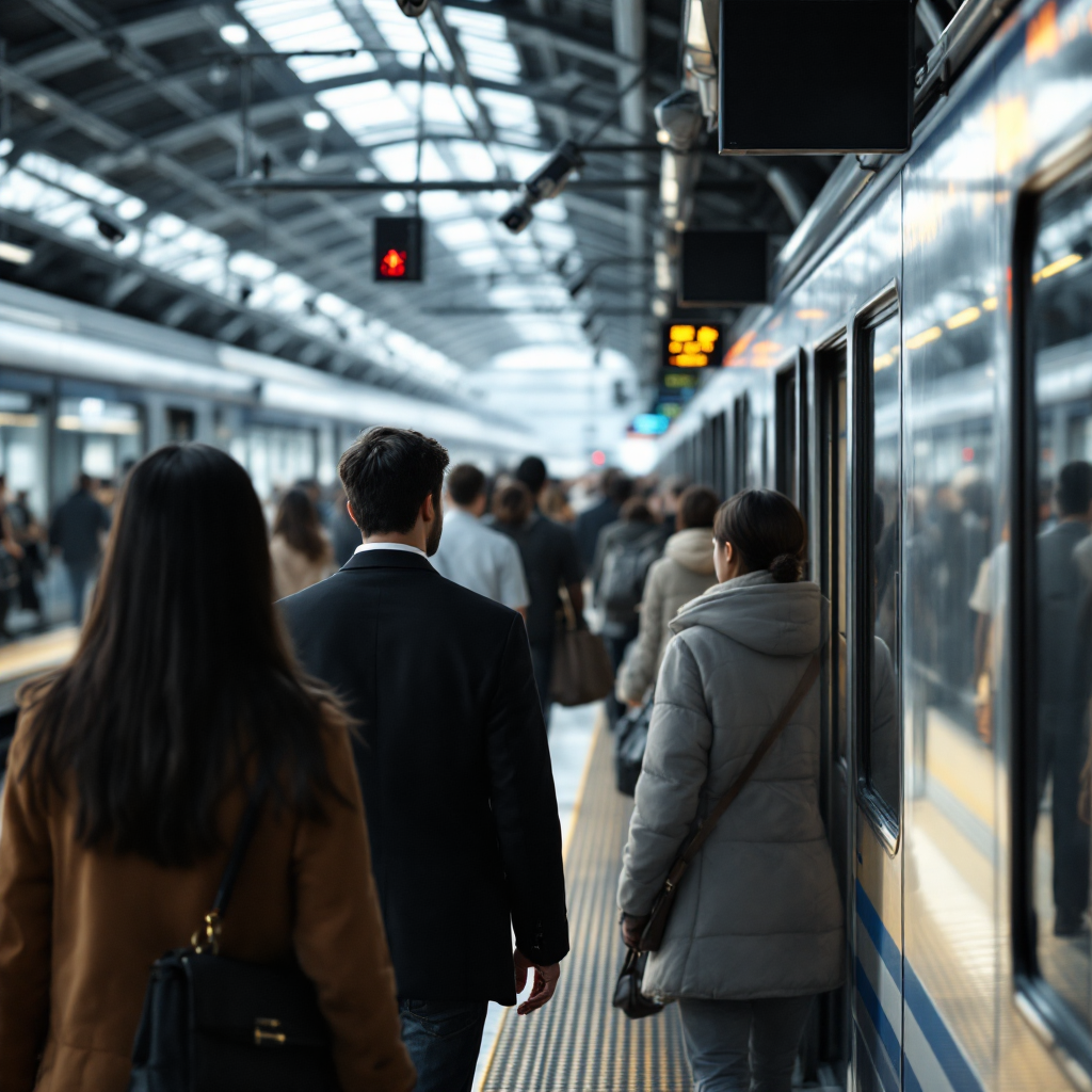 Busy train station platform with passengers and cameras mounted on ceilings, with digital signage visible but no text or numbers; no people’s faces clearly identifiable