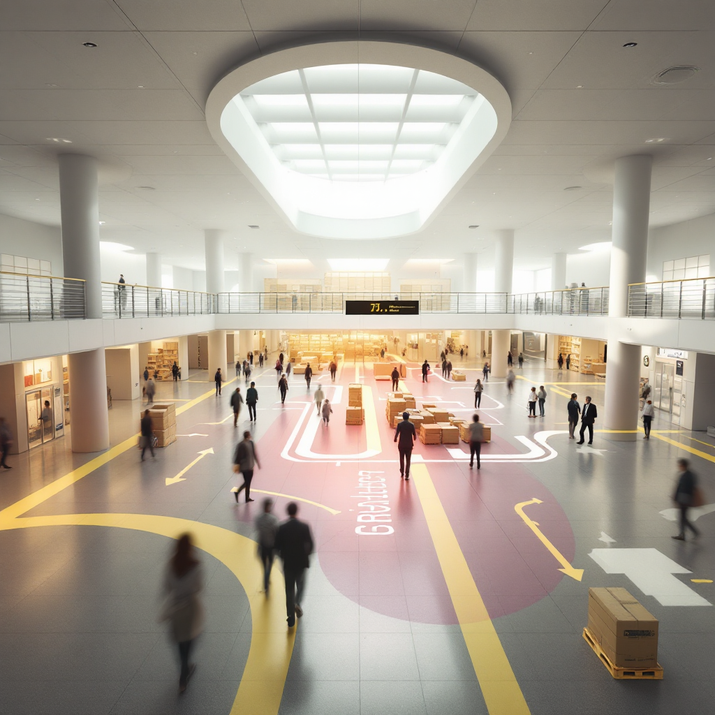 A diagram-style view of a digital twin of a metro concourse showing heat maps, simulated pedestrian agents, camera icons, and data flows; modern clean style with muted colors and no text or numbers
