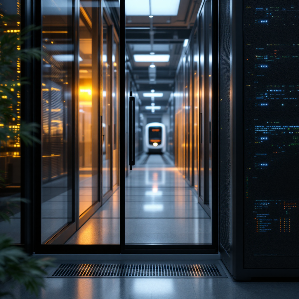 Edge compute hardware in depot with tram visible Close-up of a secure server rack and edge compute device with a tram depot visible through a glass partition, soft lighting, no text