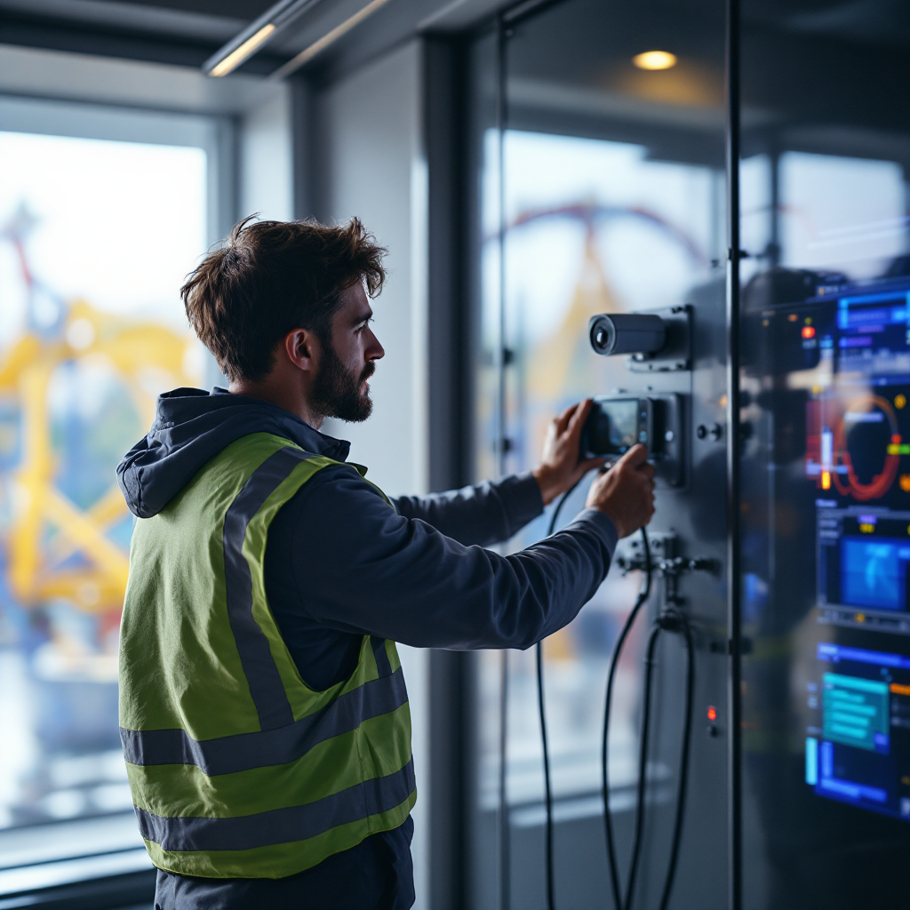 Edge device installation near ride control room Technician installing an edge AI device near a park ride control room, showing cable runs and camera mounts, no text or numbers
