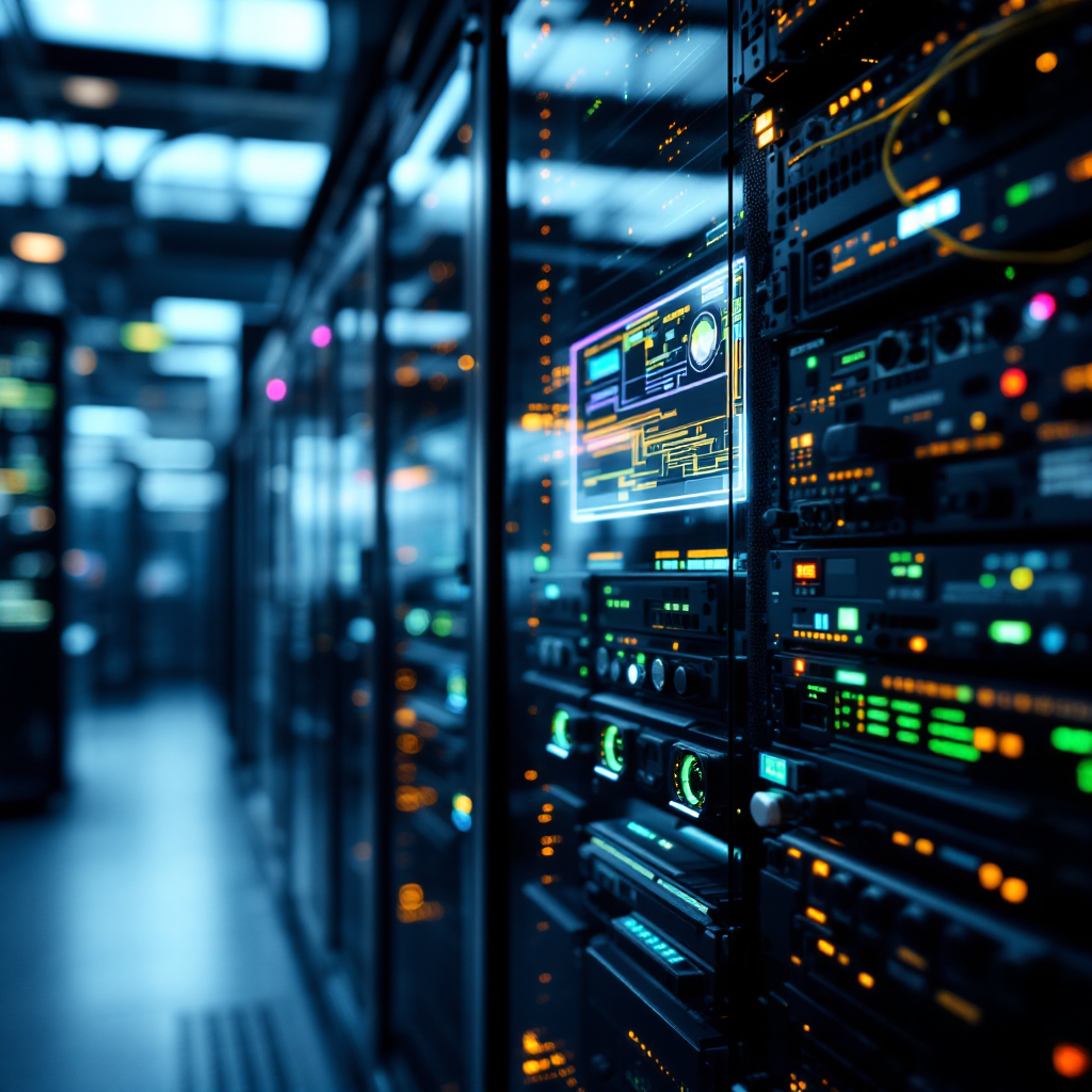Close-up of an AI edge server rack near surveillance monitors in a secure bank operations room, showing wiring and compact GPU devices, ambient lighting, no text