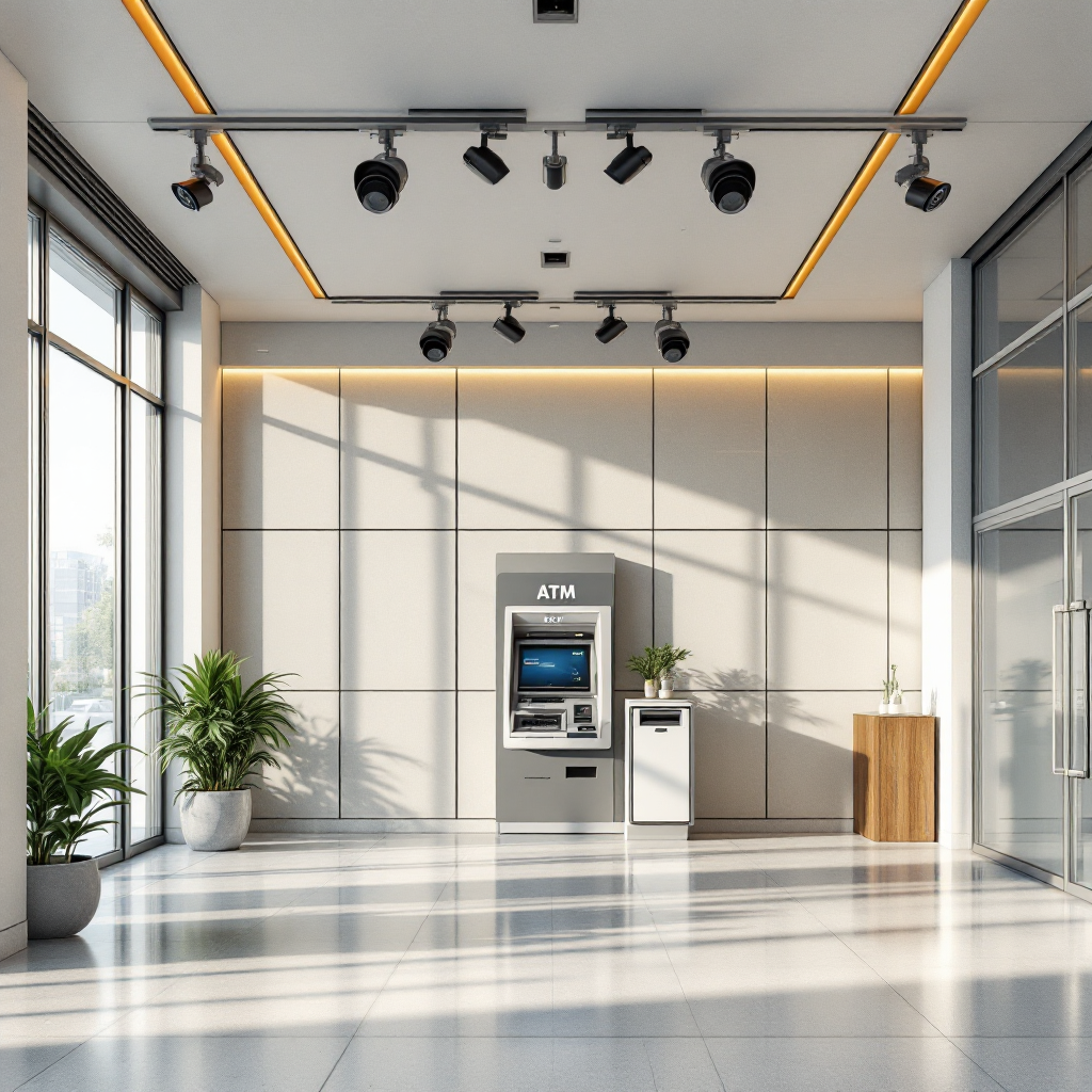 Empty ATM lobby with multiple ceiling cameras Interior of a modern ATM lobby showing multiple high-resolution cameras mounted on ceiling, clear lighting, and an ATM kiosk with visible signage and calm environment (no people).