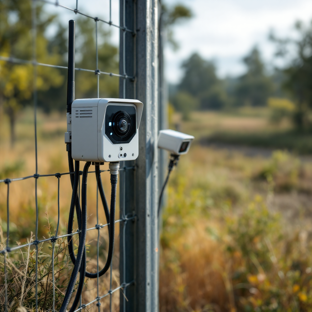 Fence-mounted sensors close-up Close-up of multiple sensor types mounted on a fence: tension sensor, accelerometer, and an infrared beam unit, with a varied background of trees and open land, no text