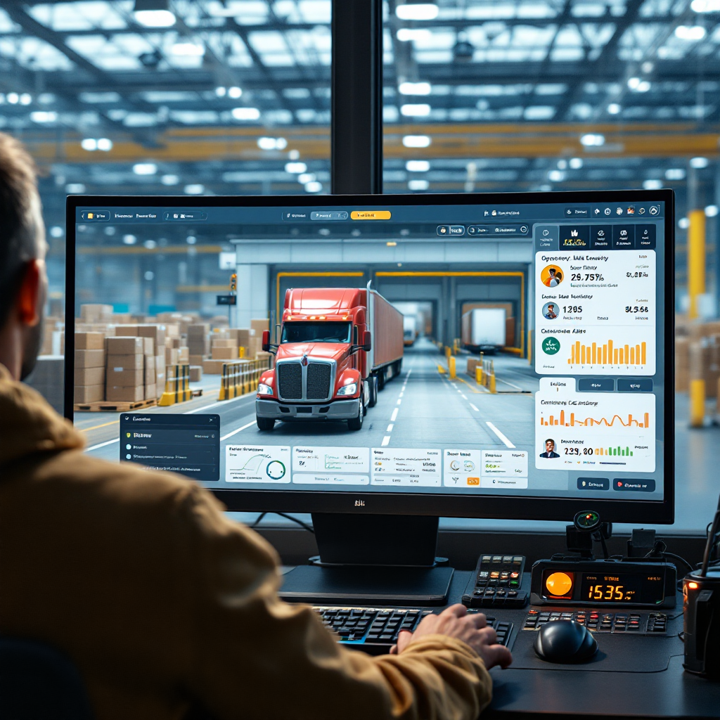 Operator console showing a dashboard with lane occupancy, queued trucks, and alerts, with a secondary live camera view of the gate