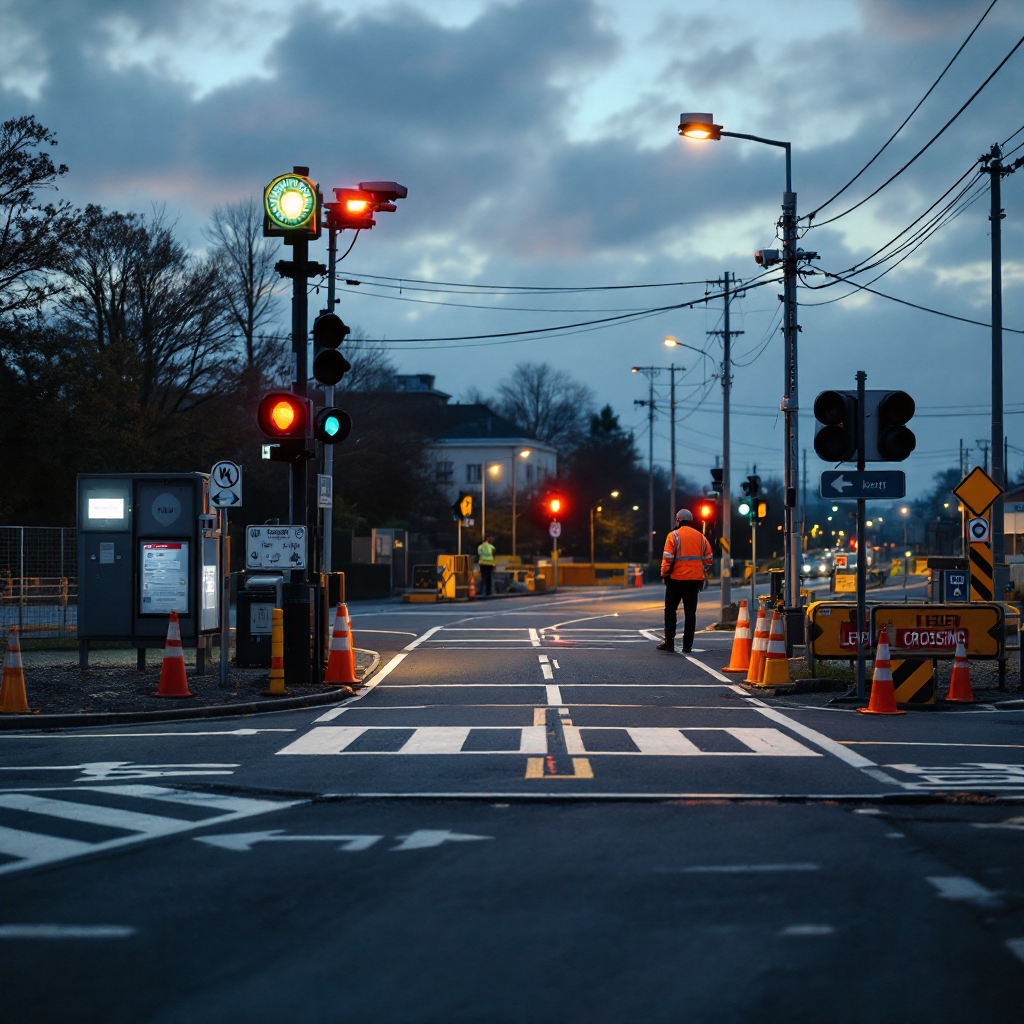 A level crossing at dusk with barriers, signage, and a CCTV pole; a vehicle waits while the crossing is monitored by cameras, no text or numbers