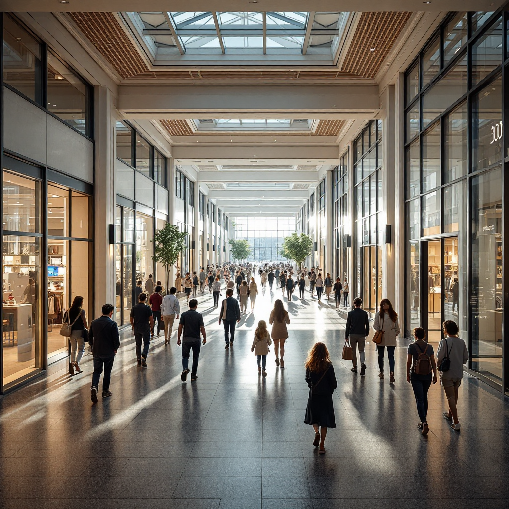 Mall concourse with people and storefronts Wide-angle interior of a modern shopping mall concourse with people walking and groups standing near storefronts, natural lighting, no text or numbers