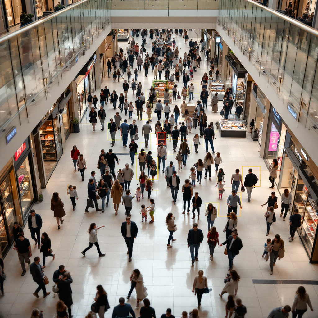 Mall scene with people detection bounding boxes A busy shopping mall concourse viewed from above with multiple people, including children, highlighted by colored bounding boxes to show detection and tracking (no text or numbers).