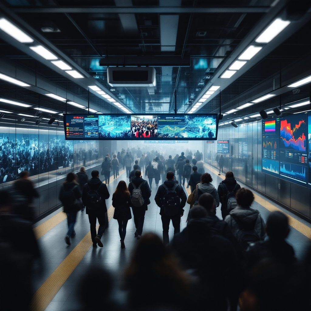 Metro platform with crowd heatmap and cameras Busy metro station platform with passengers moving, cameras visible on the ceiling, and a control room screen showing heatmap overlays of crowd density (no text or numbers in image)