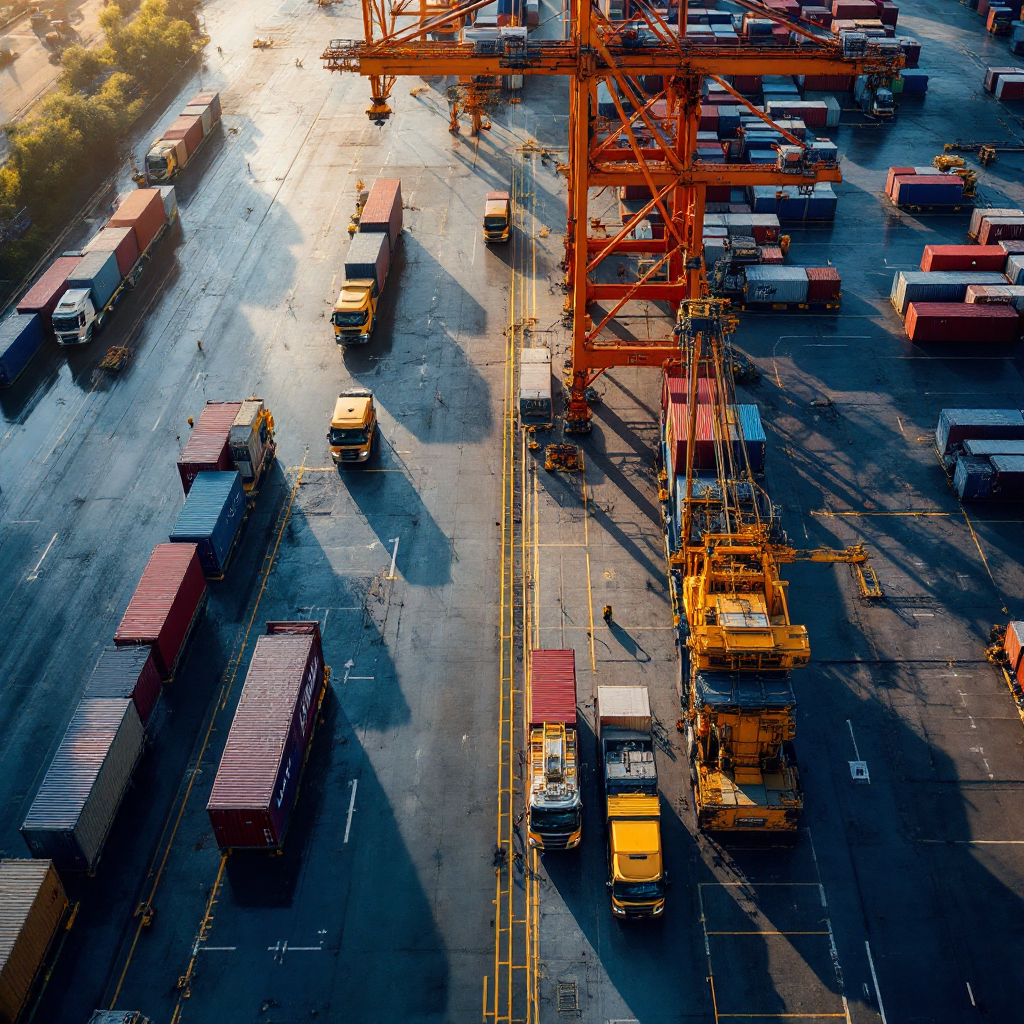 Aerial view of a container yard showing both straddle carriers and rubber-tyred gantry cranes operating, with trucks and stacked containers, no text