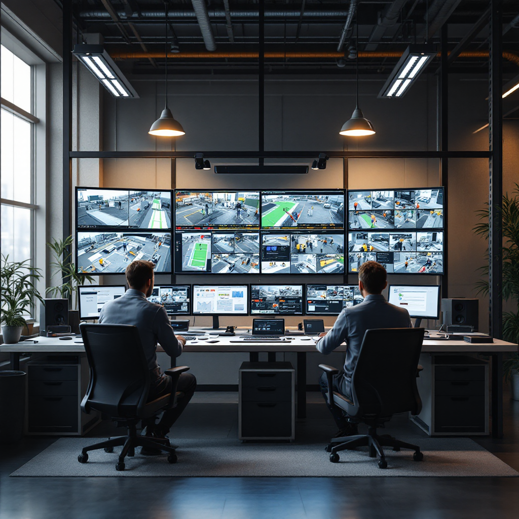 Monitoring dashboard with multiple maintenance camera feeds Control room dashboard showing multiple camera feeds of maintenance areas, staff monitors, and alert overlays; realistic equipment and screens without text
