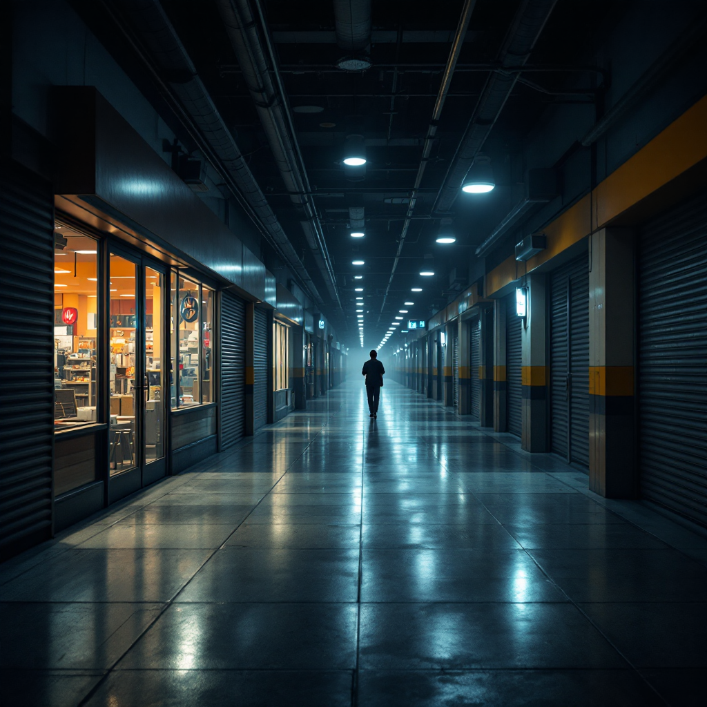 Nighttime mall corridor with closed shops and security guard Mall corridor at night with shuttered storefronts and security lighting, a security guard in the distance, no text or numbers