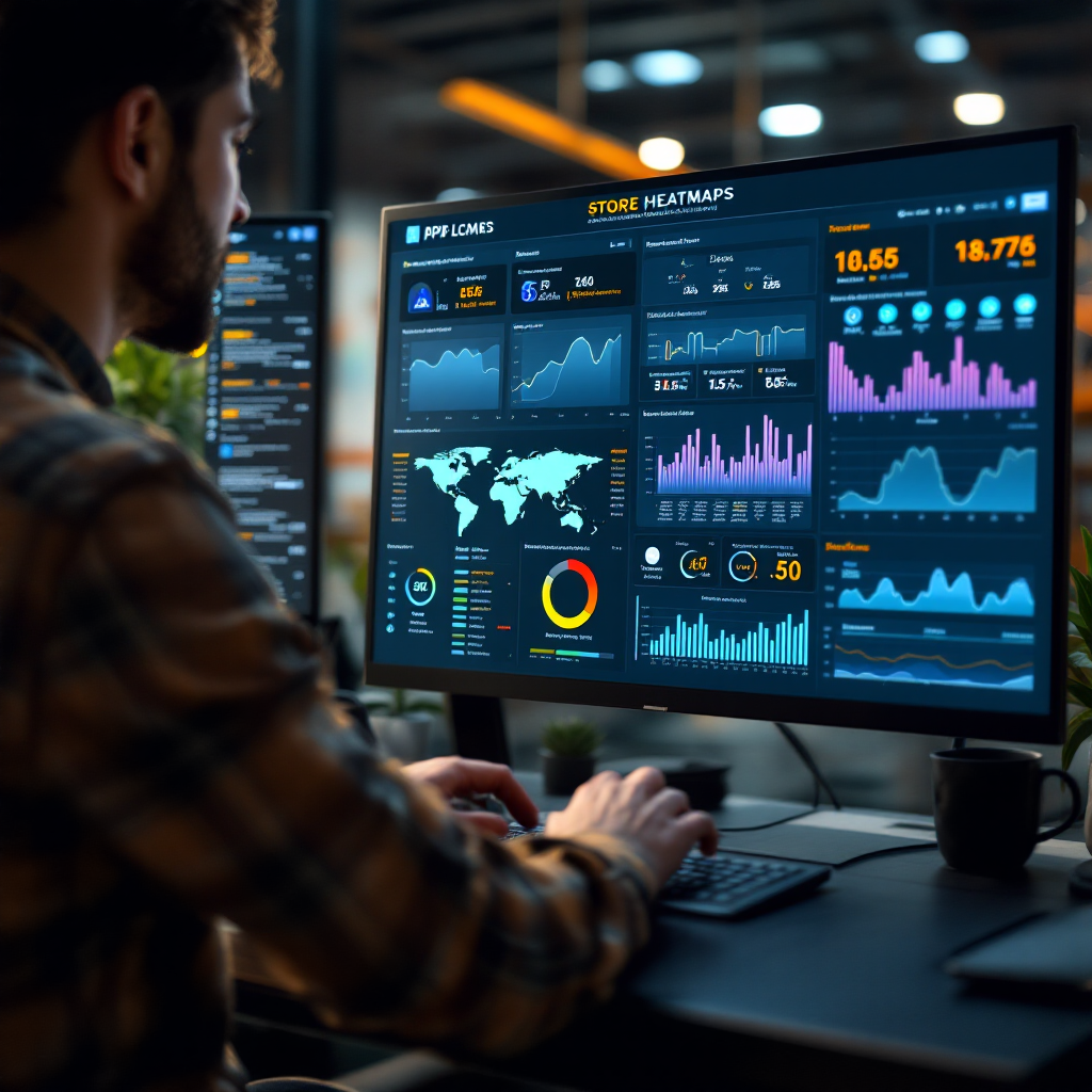 Close-up of control room style dashboard showing store heatmaps, queue alerts, and KPI charts; modern UI, no text or logos