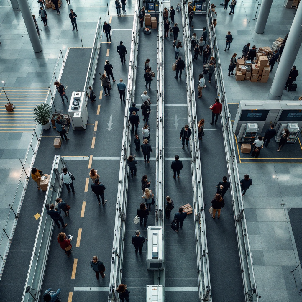 Overhead airport security checkpoint showing queues Overhead view of an airport security checkpoint with multiple lanes and people forming lines, shown from a high vantage point with clear lane markings, no text or numbers