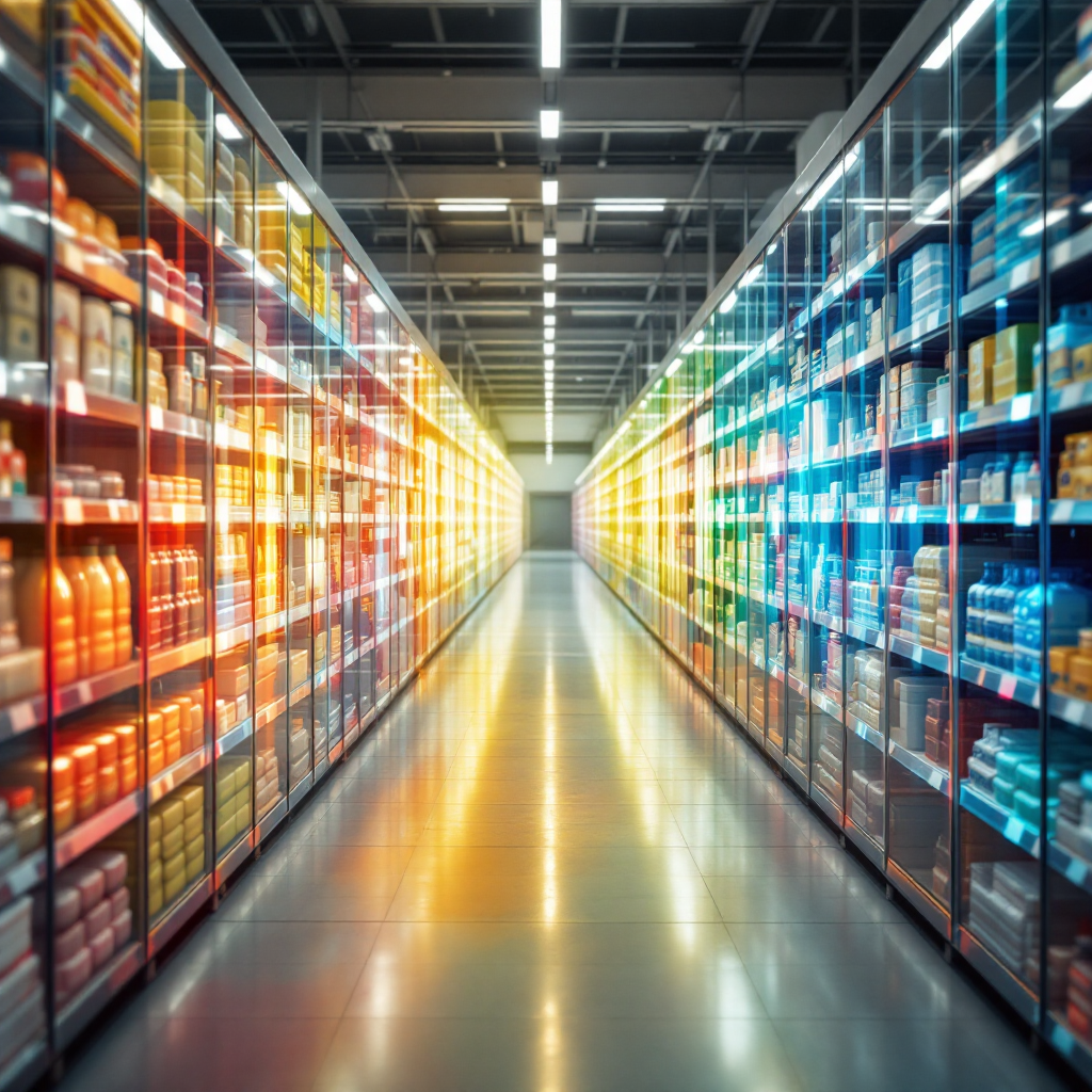 Overhead view of shopping aisle with traffic color overlay A modern indoor shopping aisle viewed from above, overlaid with a semi-transparent color overlay indicating high and low foot traffic with warm and cool color gradients, no text or numbers