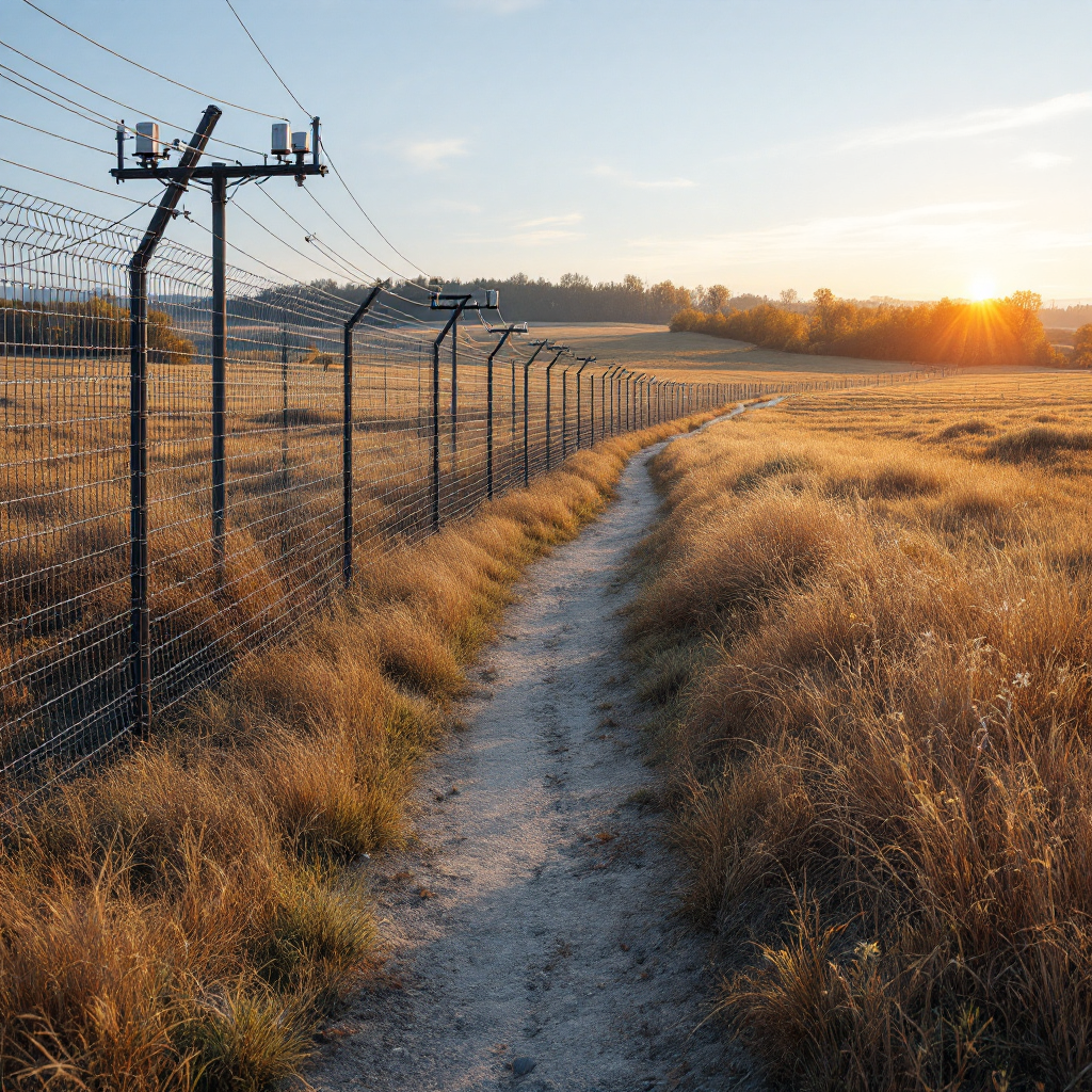 Perimeter security technology across terrain A technology-rich perimeter showing buried cable markers, fence-mounted sensors, fiber optic cable runs, and laser beam units across varied terrain, no text