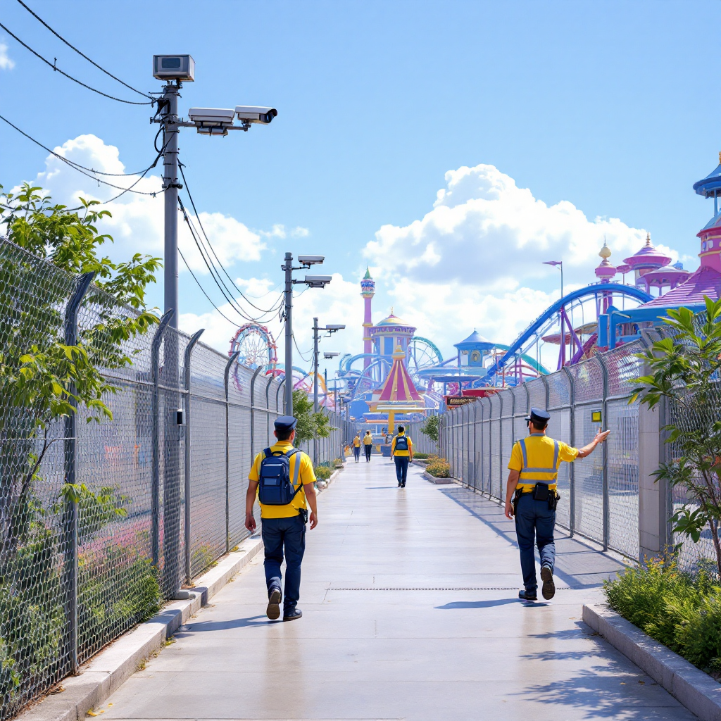 Perimeter sensors and cameras around an amusement park Wide-angle daytime view of an amusement park perimeter showing cameras on poles, infrared sensors, a fence, and security staff walking a patrol route, with clear sky and landscaping (no text or numbers)