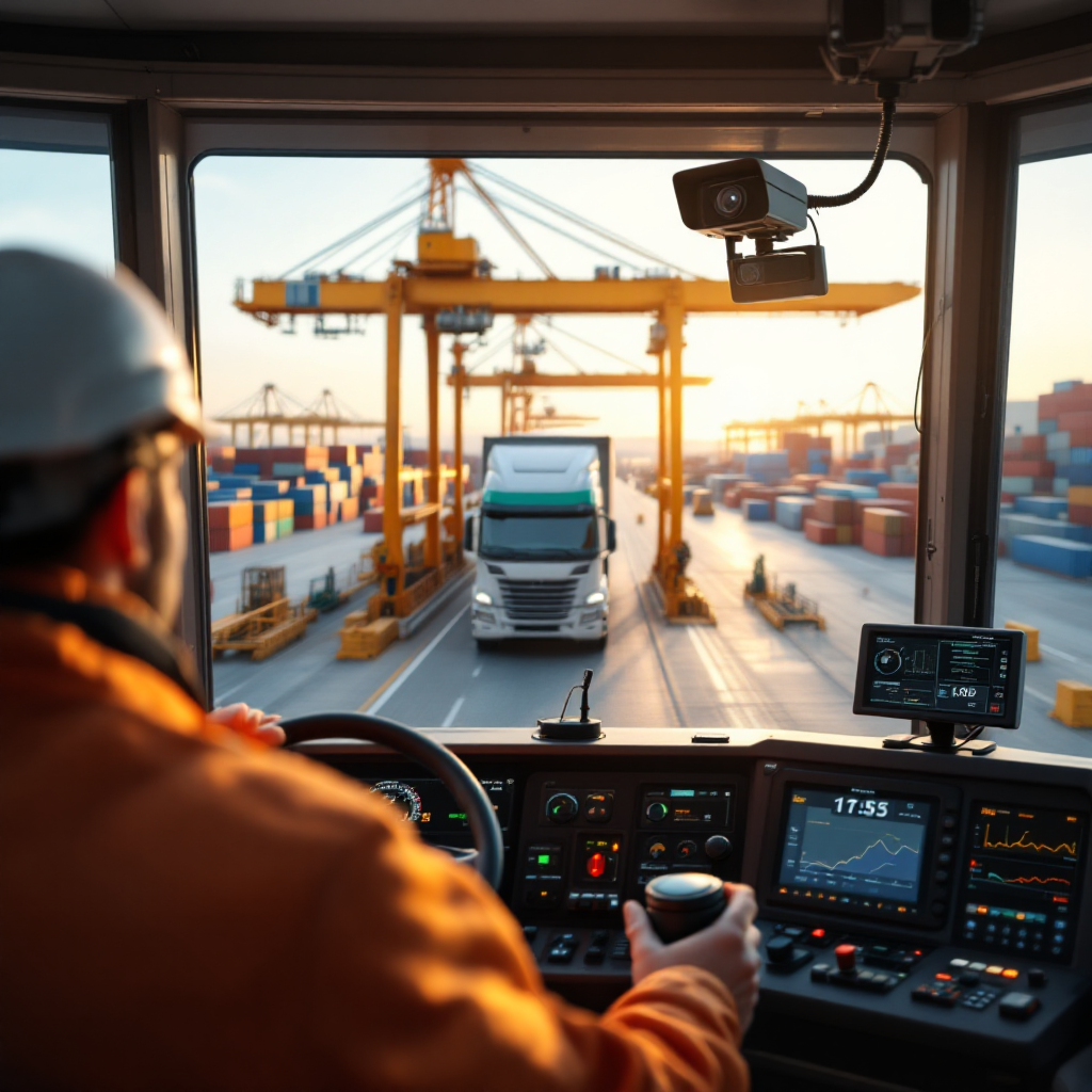 Port gate with camera and dashboard Close-up of a port gate with a truck approaching, a camera mounted on a gantry, an operator console showing a dashboard, and a container yard in the background; no text