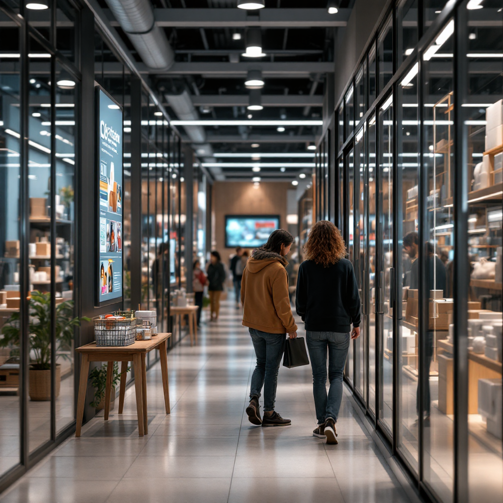 Retail aisle with adaptive digital signage A retail aisle with digital signage adapting to customer demographics, shoppers browsing, modern store interior, no text