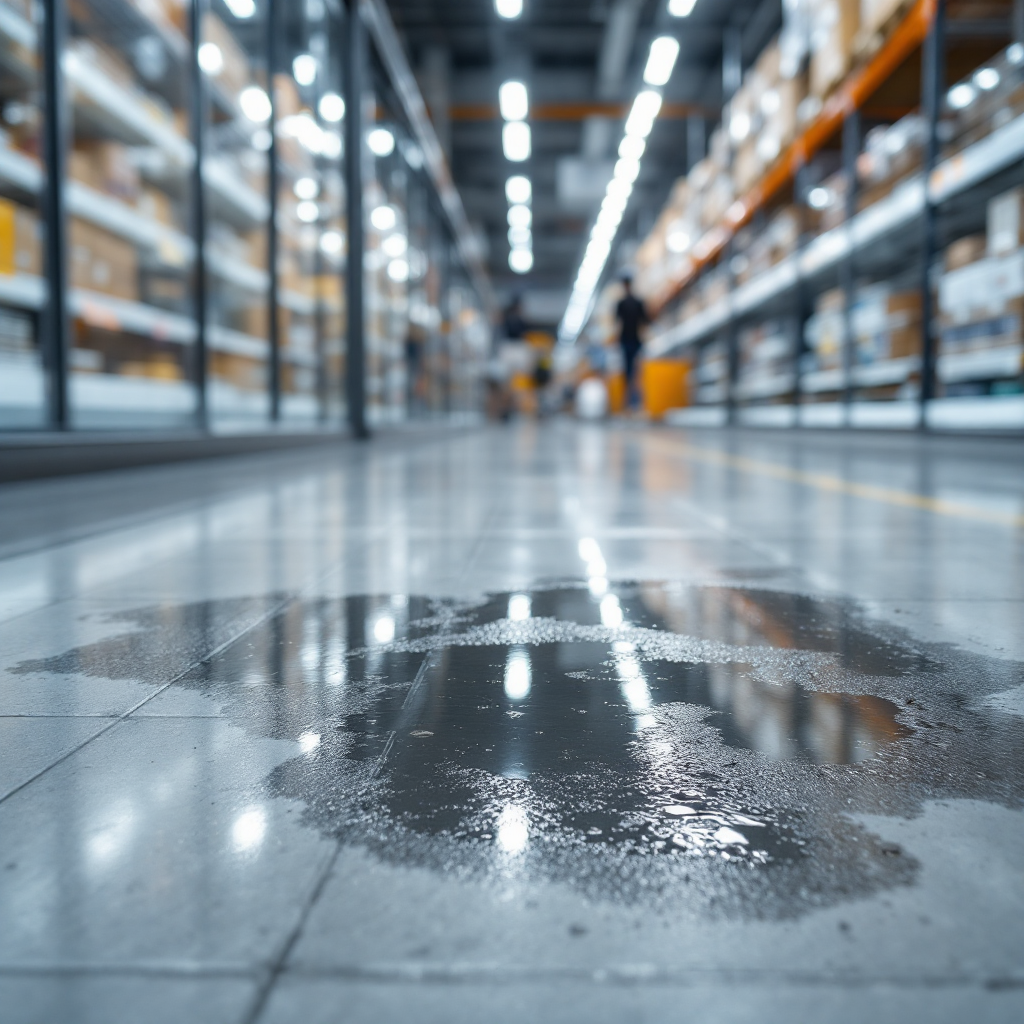 Retail floor wet patch highlighted by camera overlay Retail store floor with a visible wet patch being highlighted by a camera overlay showing an alert icon, without text or numbers